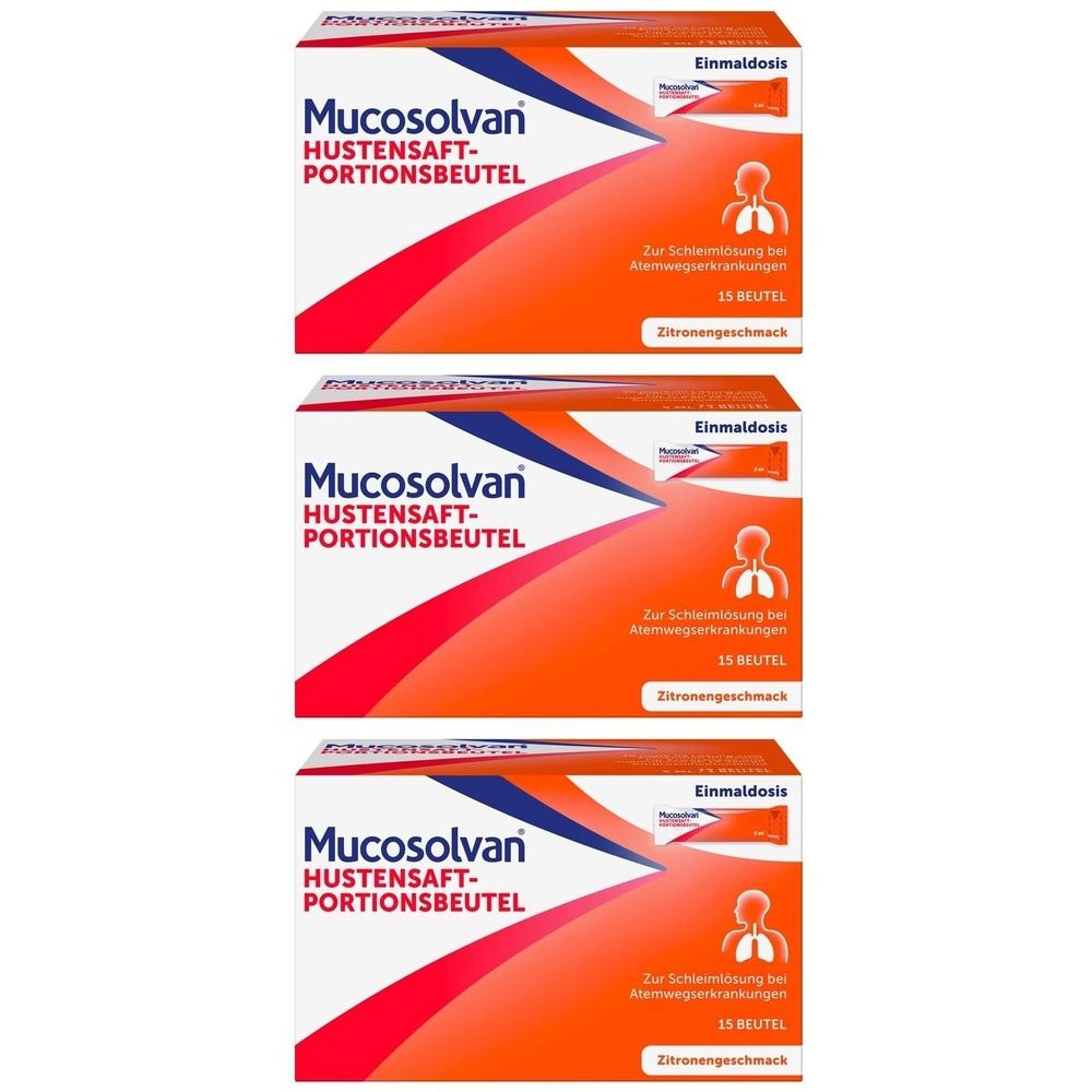 Drei Packungen Mucosolvan Hustensaft-Portionsbeutel. Orange-weißes Design mit Produktnamen und Text. 15 Beutel, Zitronengeschmack.