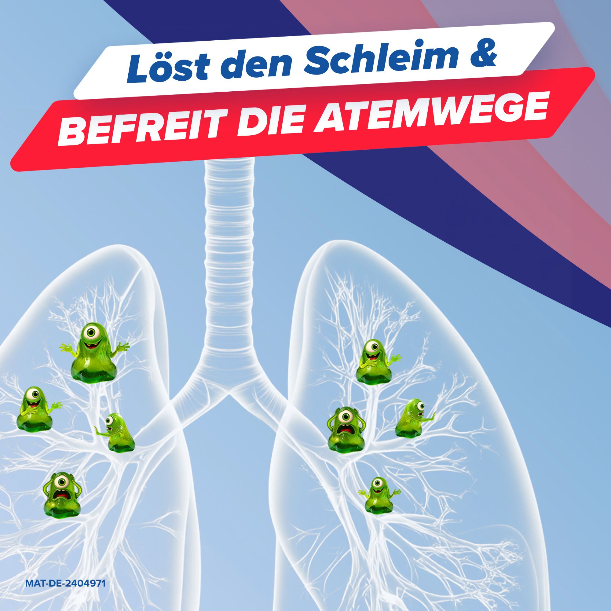 Illustration von Lungen mit grünen Figuren. Text: Löst den Schleim & befreit die Atemwege.