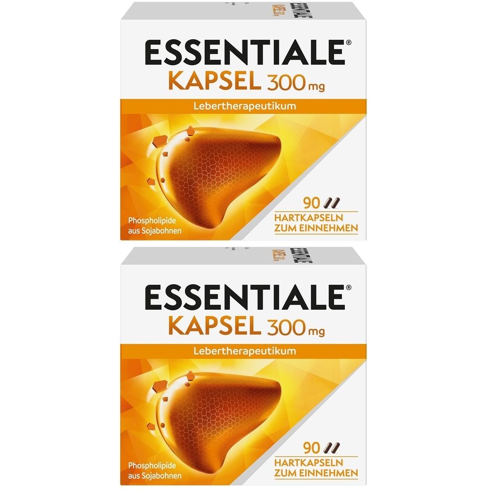 Zwei Packungen mit ESSENTIALE Kapsel 300 mg. Aufdruck: Lebertherapeutikum, 90 Hartkapseln zum Einnehmen. Abbildung einer Leber.