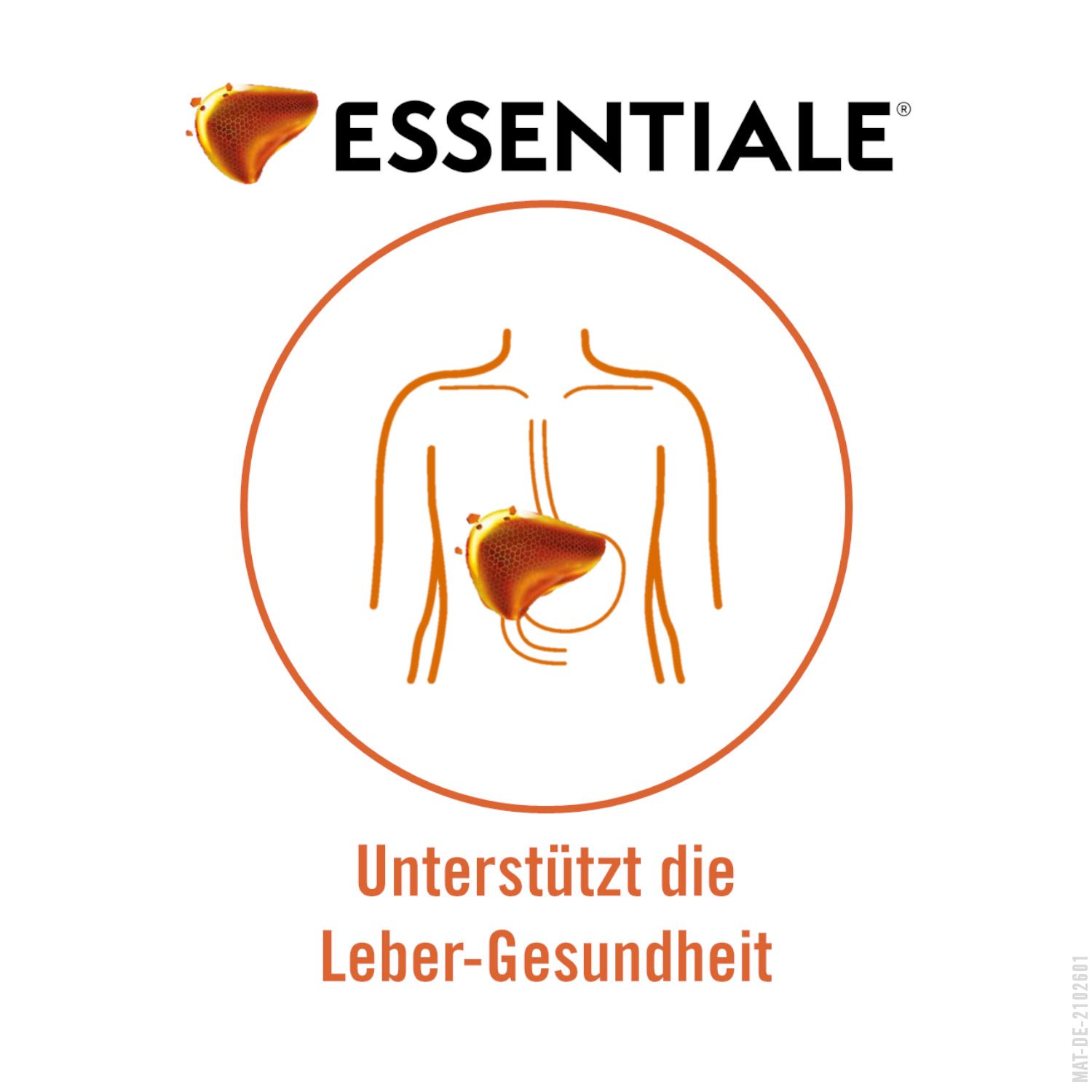 Kreis mit menschlichem Körper und Leber. Text: Unterstützt die Leber-Gesundheit. ESSENTIALE® Logo.