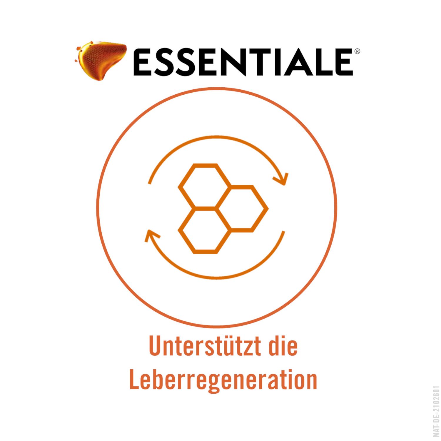 Kreis mit sich drehenden Pfeilen und Leber-Symbol. Text: Unterstützt die Leberregeneration. ESSENTIALE® Logo.