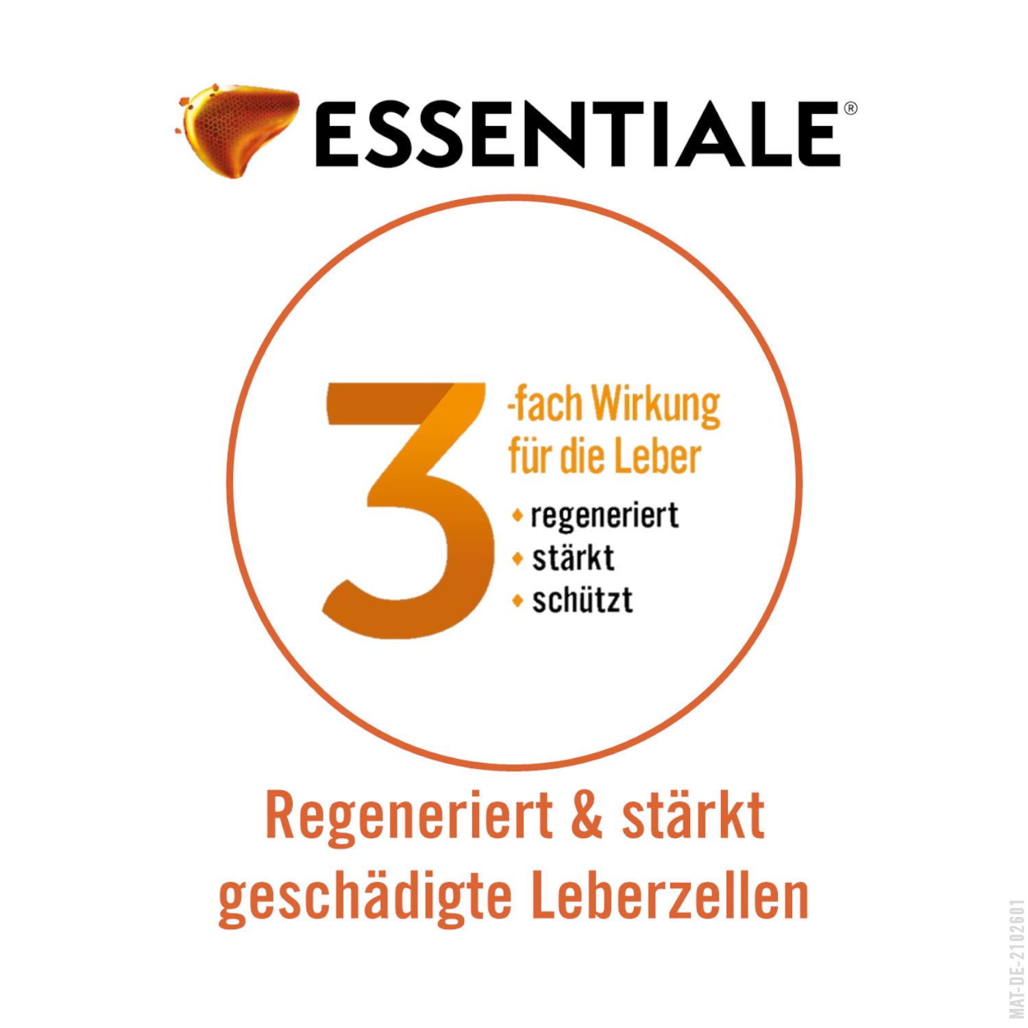 Kreis mit Zahl 3 und Text: regeneriert, stärkt, schützt. Text: Regeneriert & stärkt geschädigte Leberzellen. ESSENTIALE® Logo.