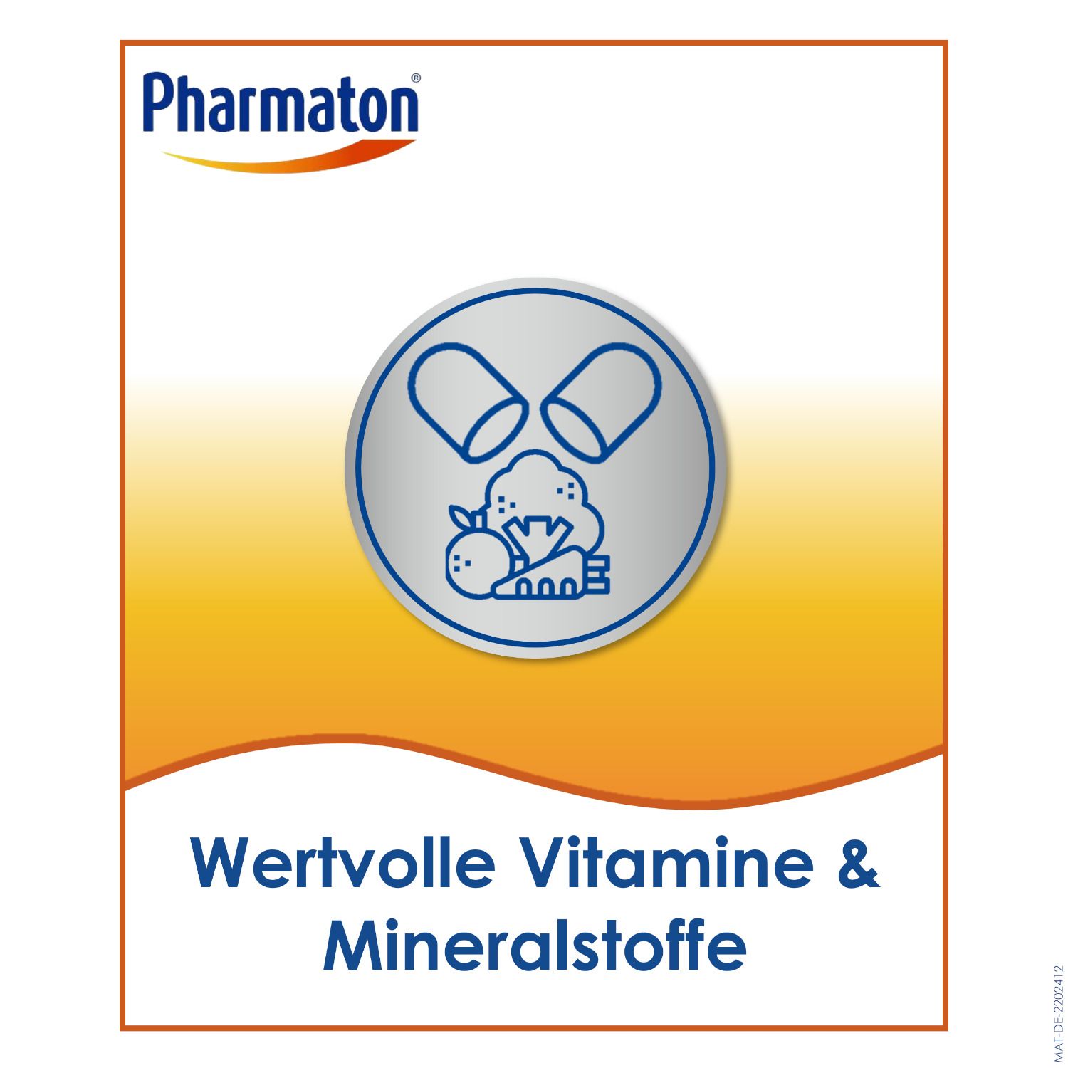 Rundes Emblem mit Vitaminen und Mineralstoffen. Text: Wertvolle Vitamine & Mineralstoffe.