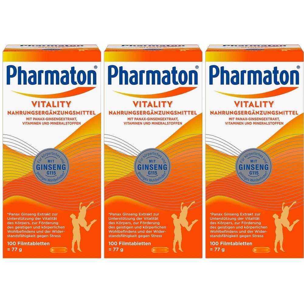 Drei Packungen Pharmaton Vitality Filmtabletten. Orangefarbene Verpackung mit Produktnamen und Inhaltsangaben.