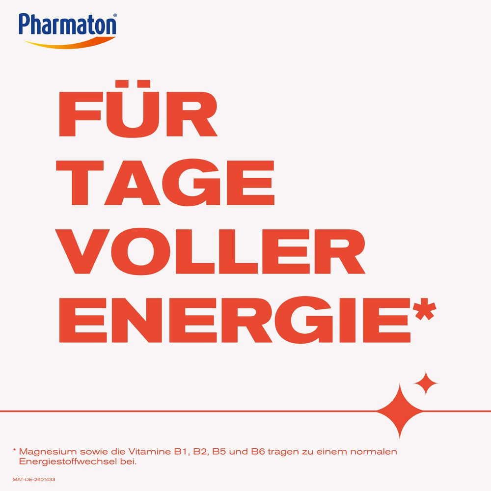 Text: Für Tage voller Energie. Stern-Symbol. Kleingedruckter Text über Magnesium und Vitamine B1, B2, B5 und B6.
