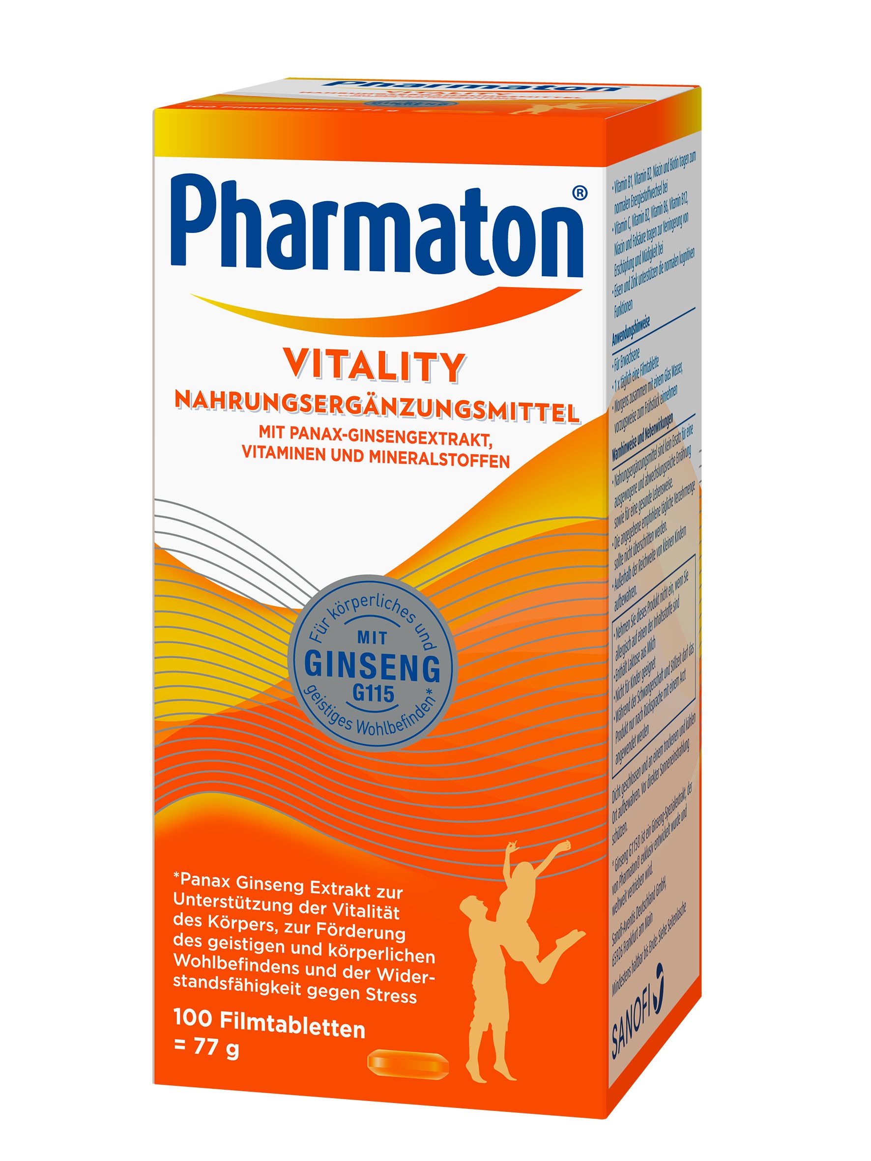 Packung Pharmaton Vitality. Text: Nahrungsergänzungsmittel, Ginseng G115, Vitamine und Mineralstoffe. 100 Filmtabletten.