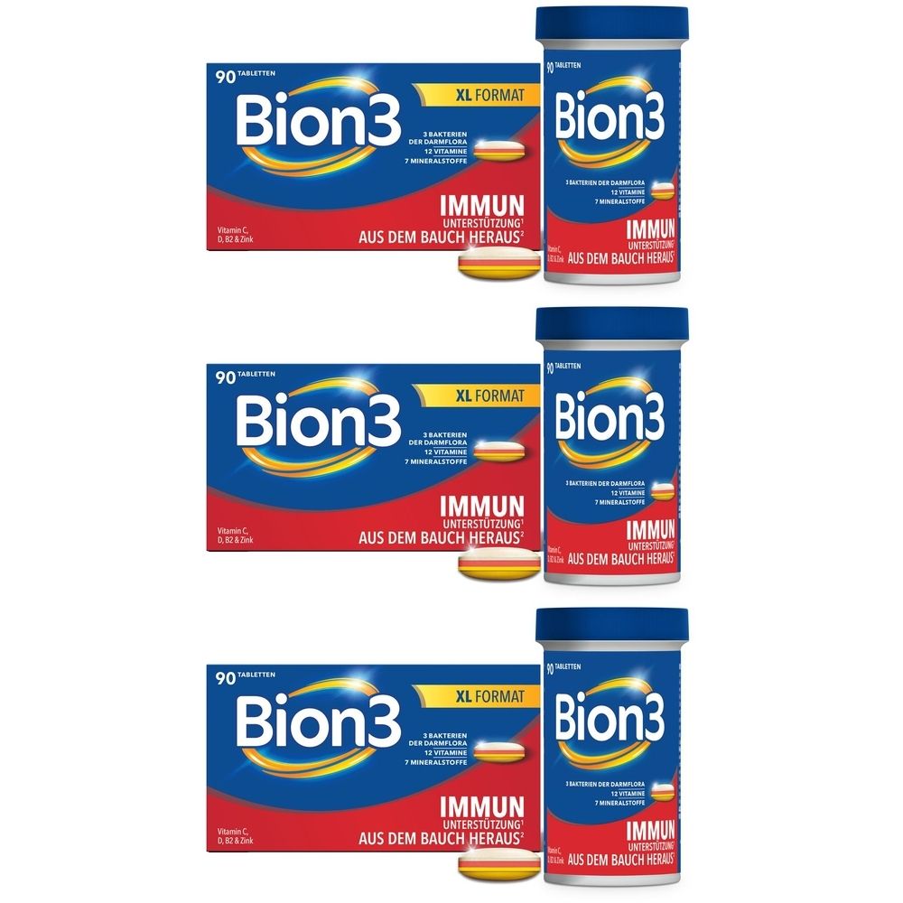 Drei Packungen und drei Dosen Bion3. Die Packungen zeigen den Produktnamen und die Aufschrift "IMMUN". Die Dosen haben blaue Deckel.