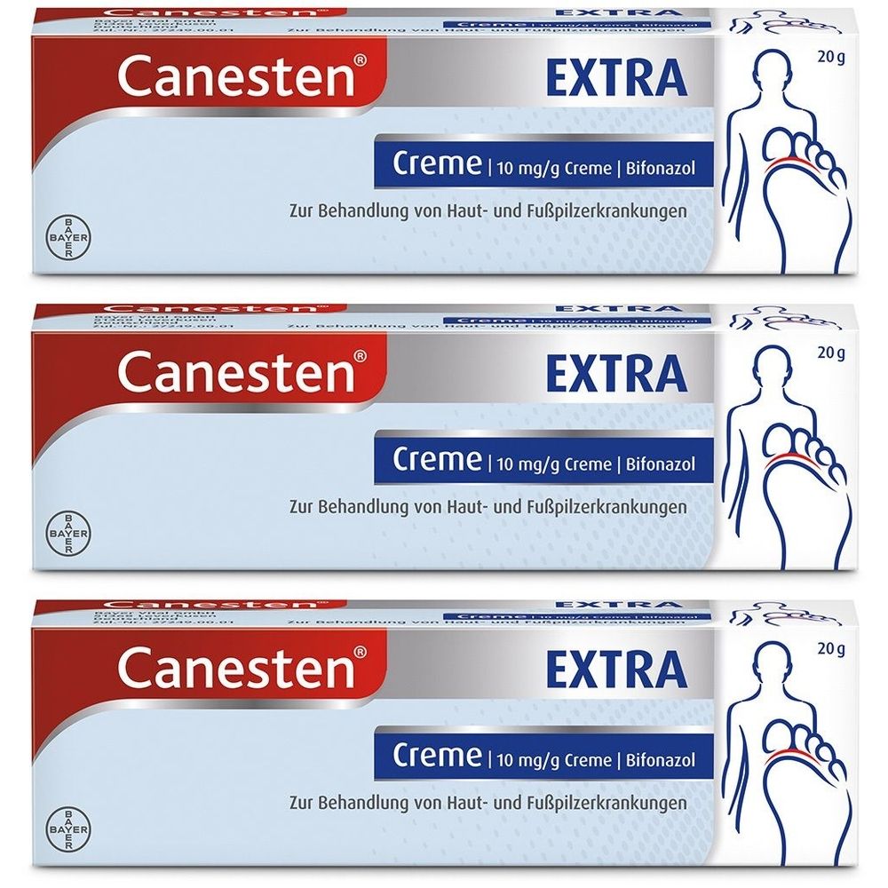 Drei Tuben Canesten Extra Creme. Rote und weiße Verpackung. Text: Creme 10 mg/g, Bifonazol. Illustration Fuß.