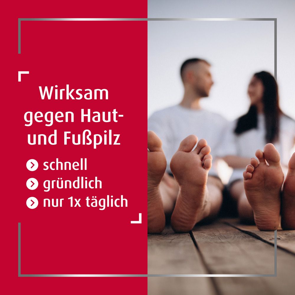 Füße von zwei Personen auf Holz. Text: Wirksam gegen Haut- und Fußpilz, schnell, gründlich, nur 1x täglich.
