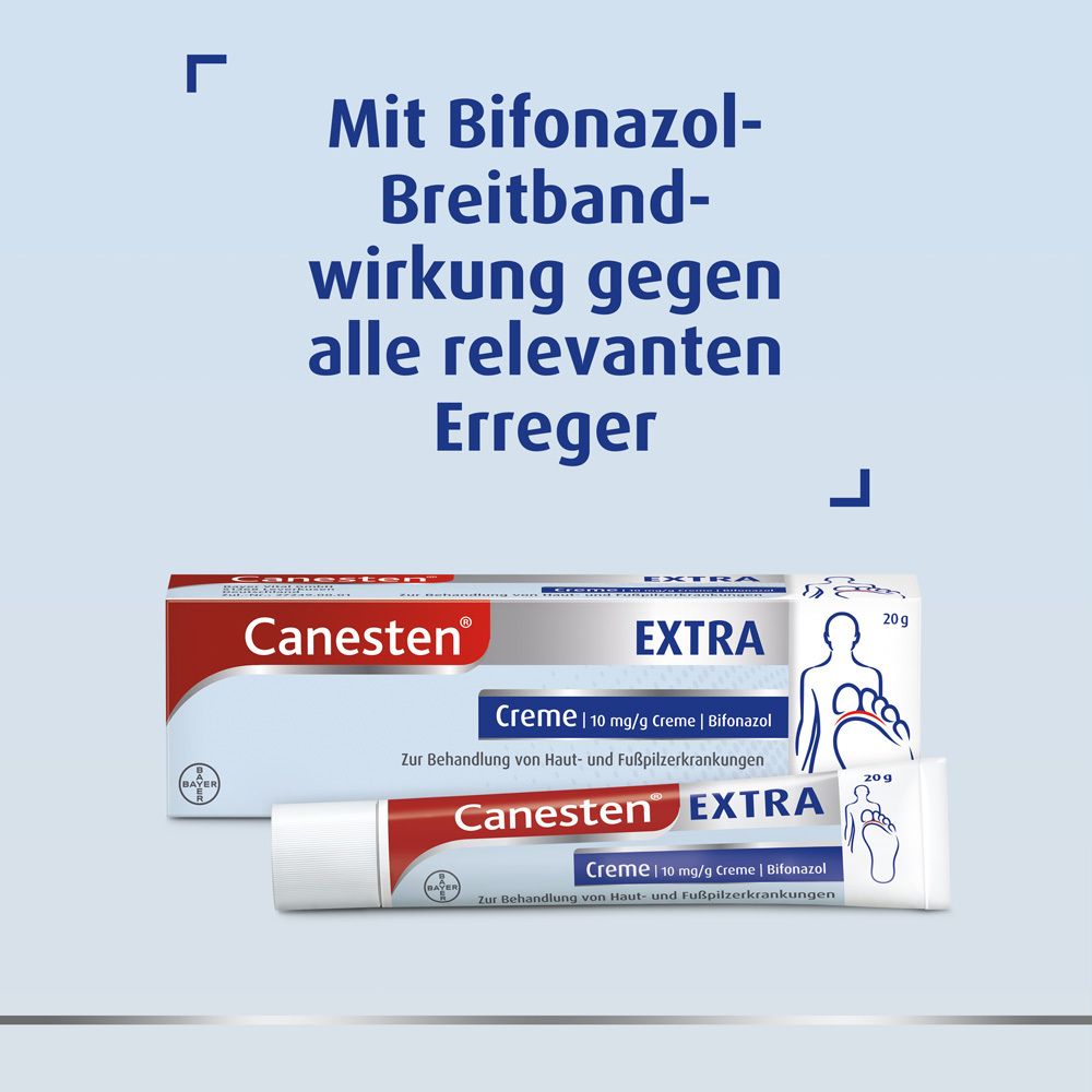 Zwei Canesten® EXTRA Creme Packungen. Text: Mit Bifonazol-Breitbandwirkung gegen alle relevanten Erreger.