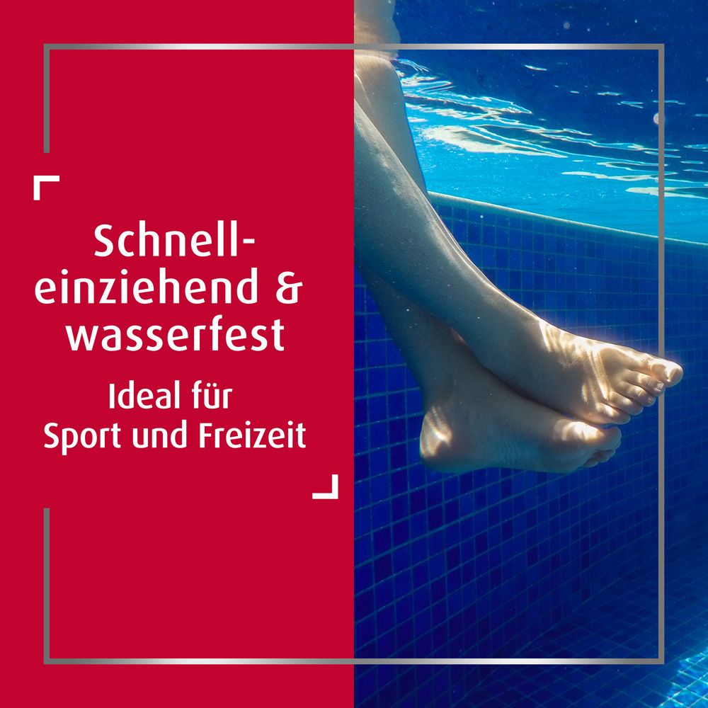 Beine im Wasser. Text: Schnell einziehend & wasserfest. Ideal für Sport und Freizeit.