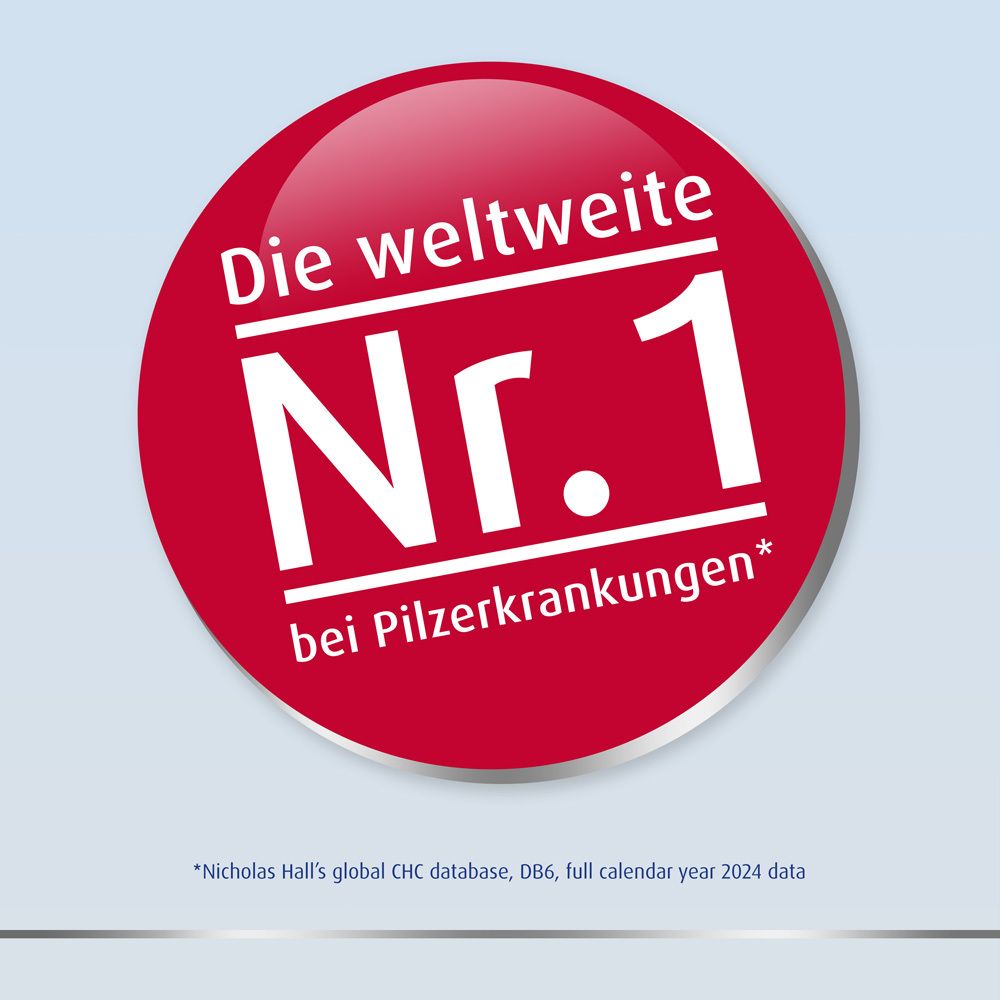 Runder roter Aufkleber. Text: Die weltweite Nr. 1 bei Pilzerkrankungen.