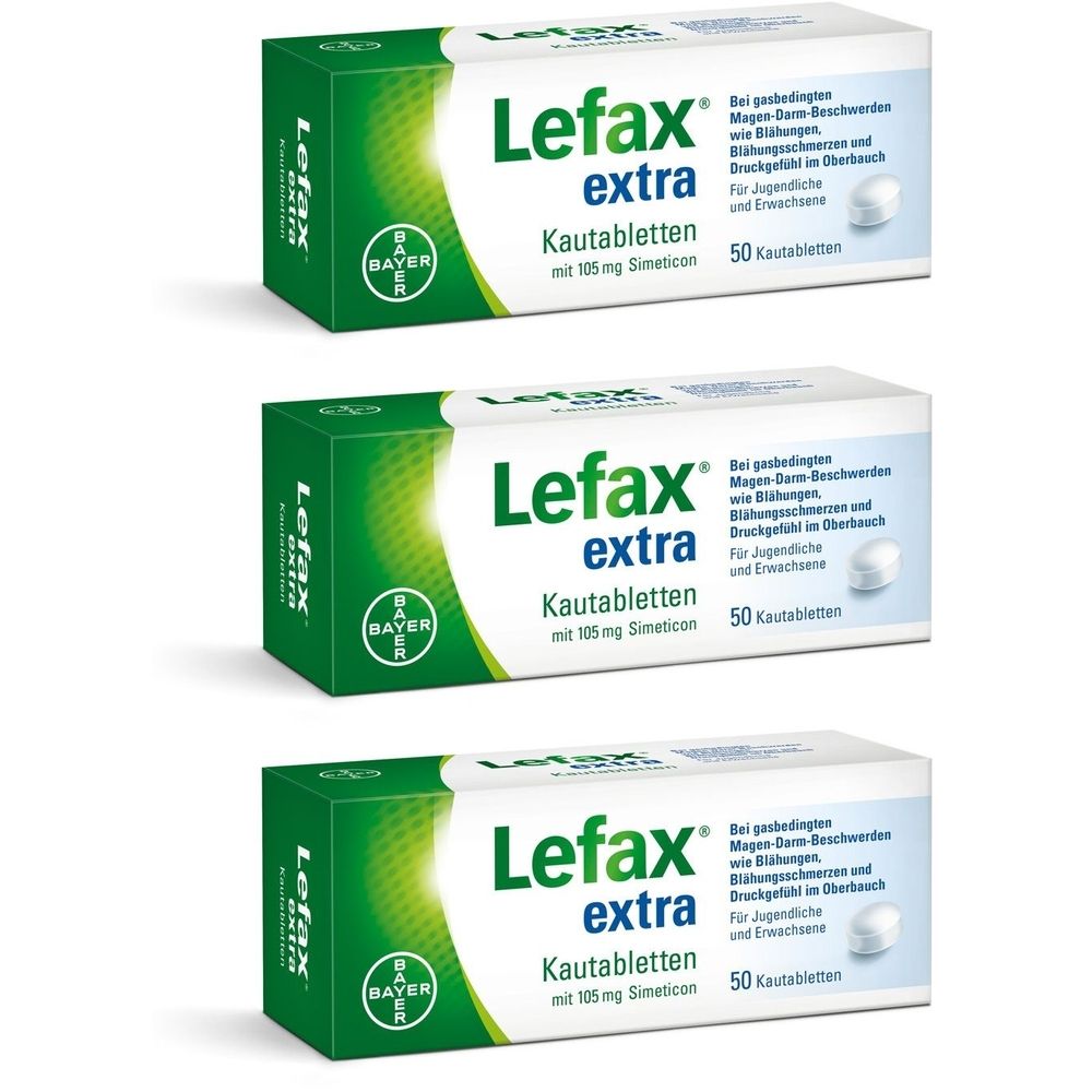 Drei Packungen Lefax extra Kautabletten. Weiße Schachteln mit grünen Akzenten und Produktinformationen. Bayer-Logo.