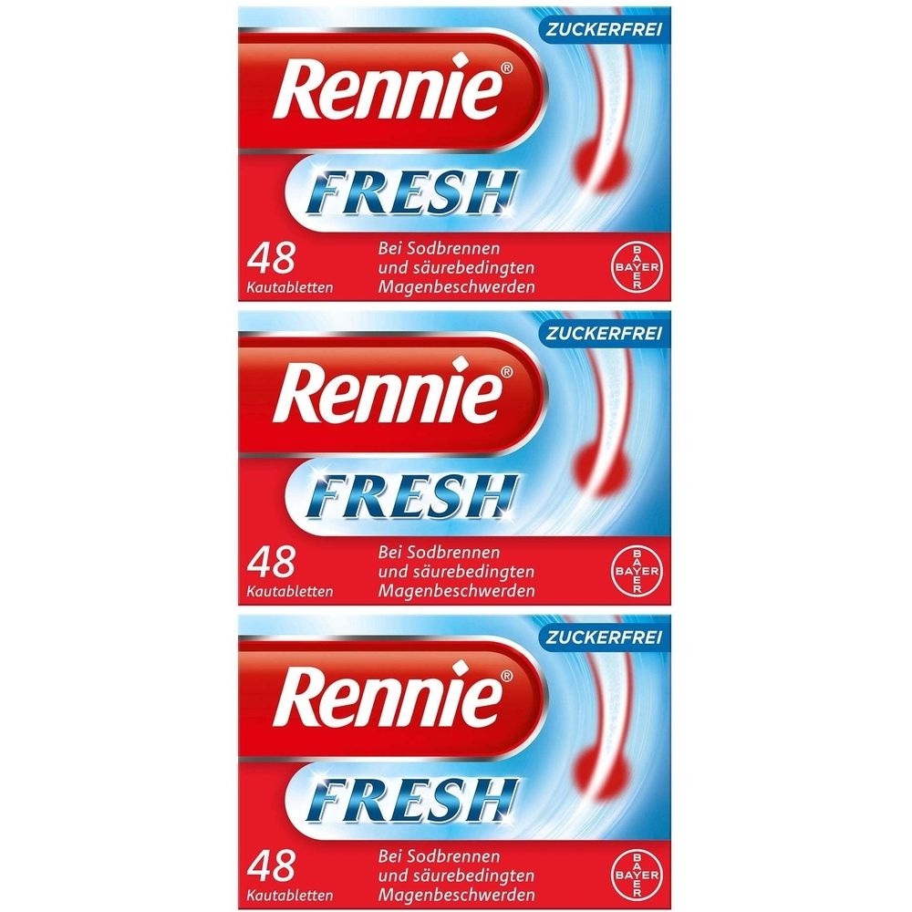 Drei Packungen Rennie Fresh Kautabletten. Rote und blaue Verpackung mit weißer Schrift. Enthält 48 Tabletten. Zuckerfrei.