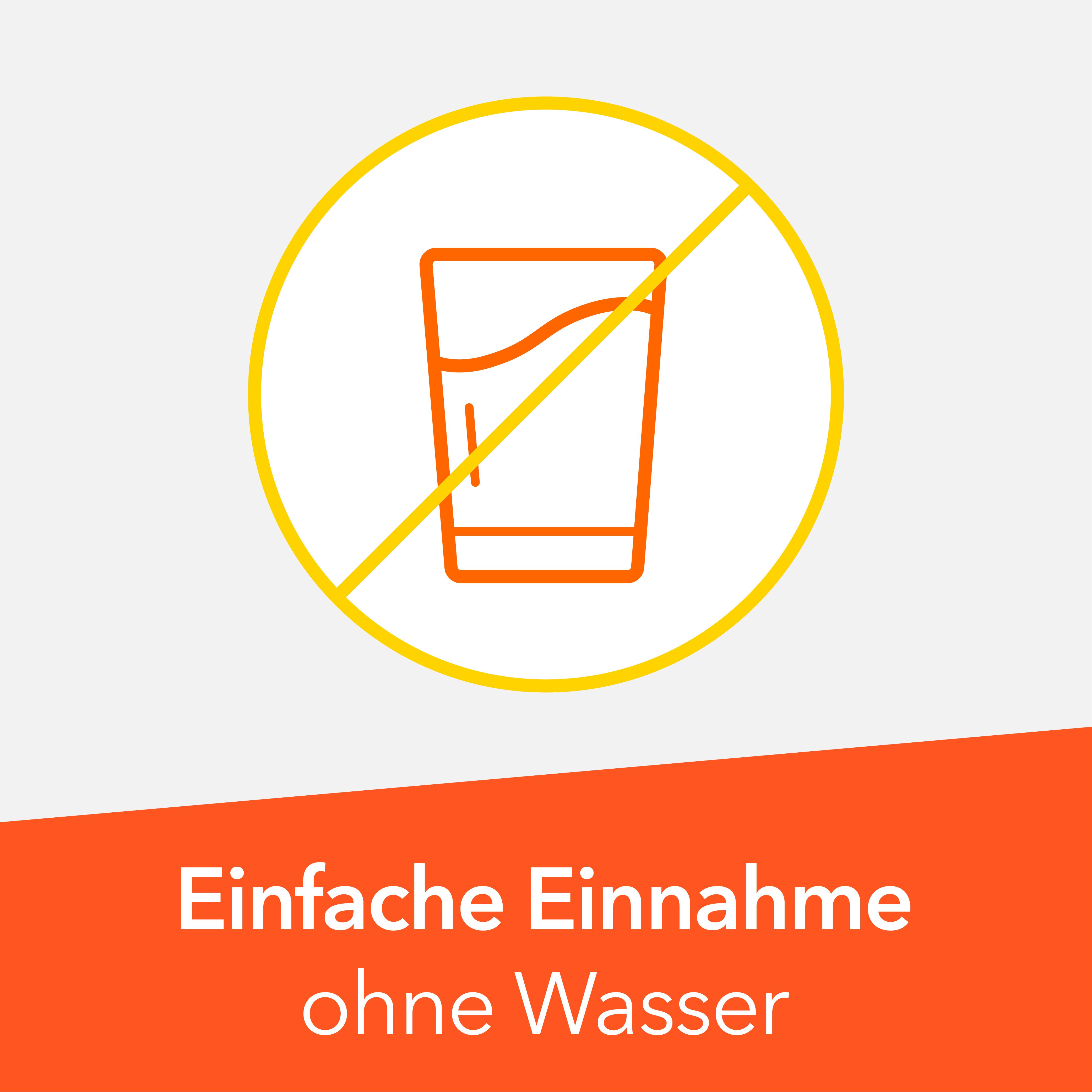 Symbol für einfache Einnahme ohne Wasser: durchgestrichenes Glas mit Flüssigkeit.