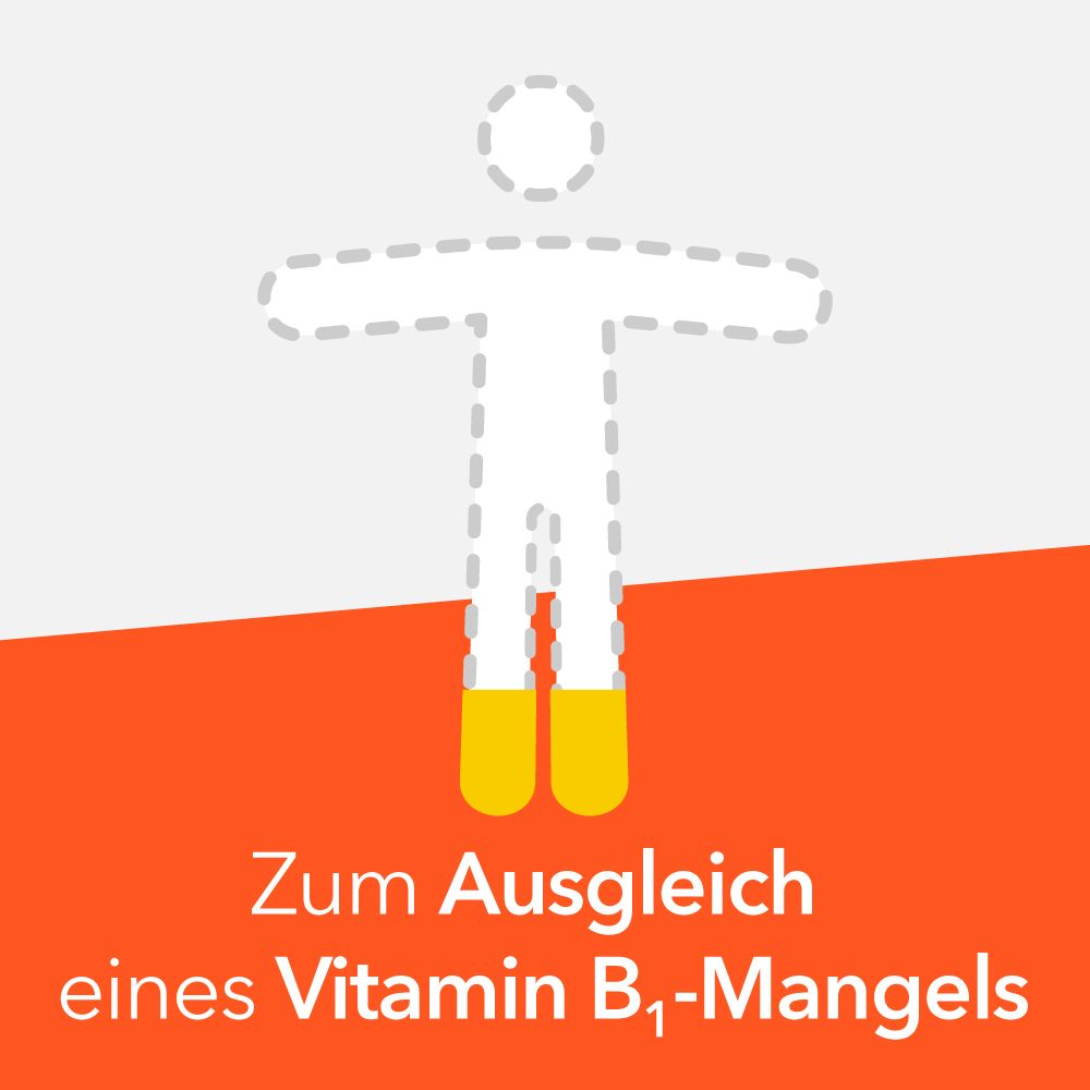 Grafik: Umriss einer Person mit gelben Füßen. Text: Zum Ausgleich eines Vitamin B1-Mangels.