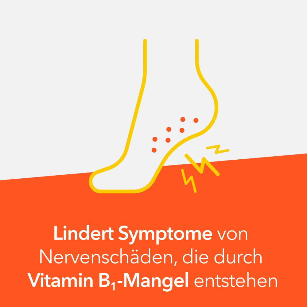 Grafik: Fuß mit roten Punkten und Blitzen. Text: Lindert Symptome von Nervenschäden, die durch Vitamin B1-Mangel entstehen.