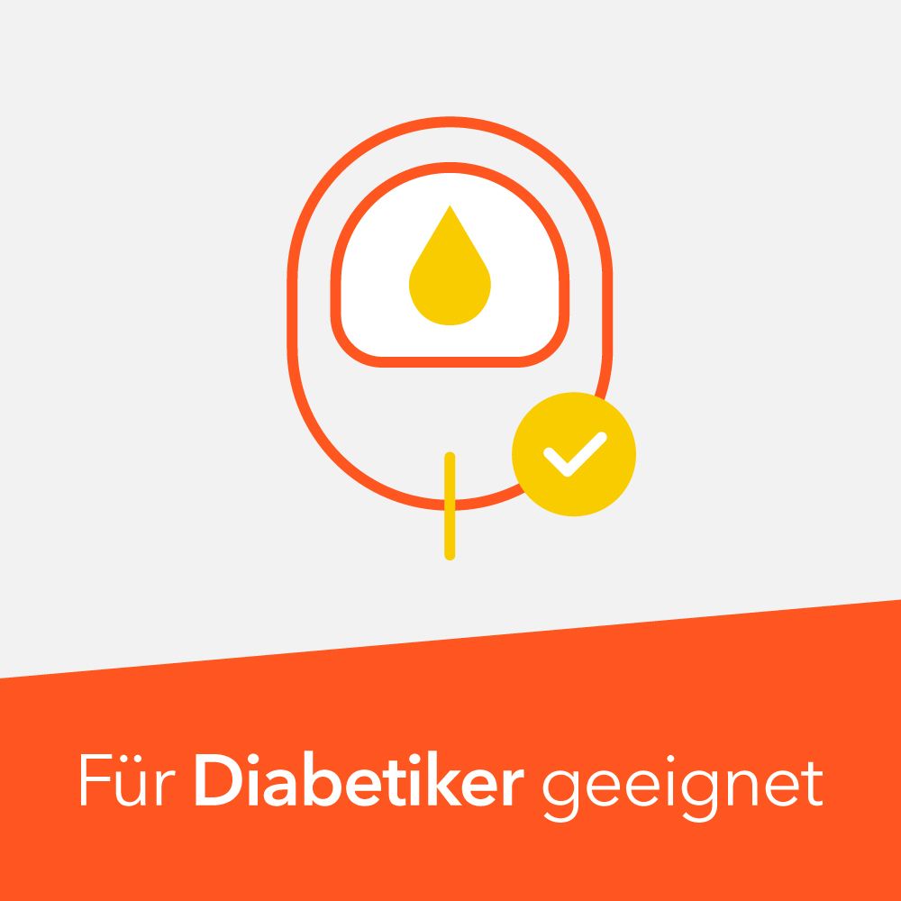 Grafik: Blutzuckermessgerät mit Tropfen und Häkchen. Text: Für Diabetiker geeignet.