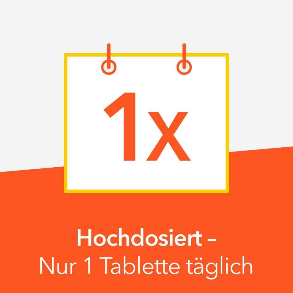 Kalendersymbol mit Zahl 1. Text: Hochdosiert - Nur 1 Tablette täglich.