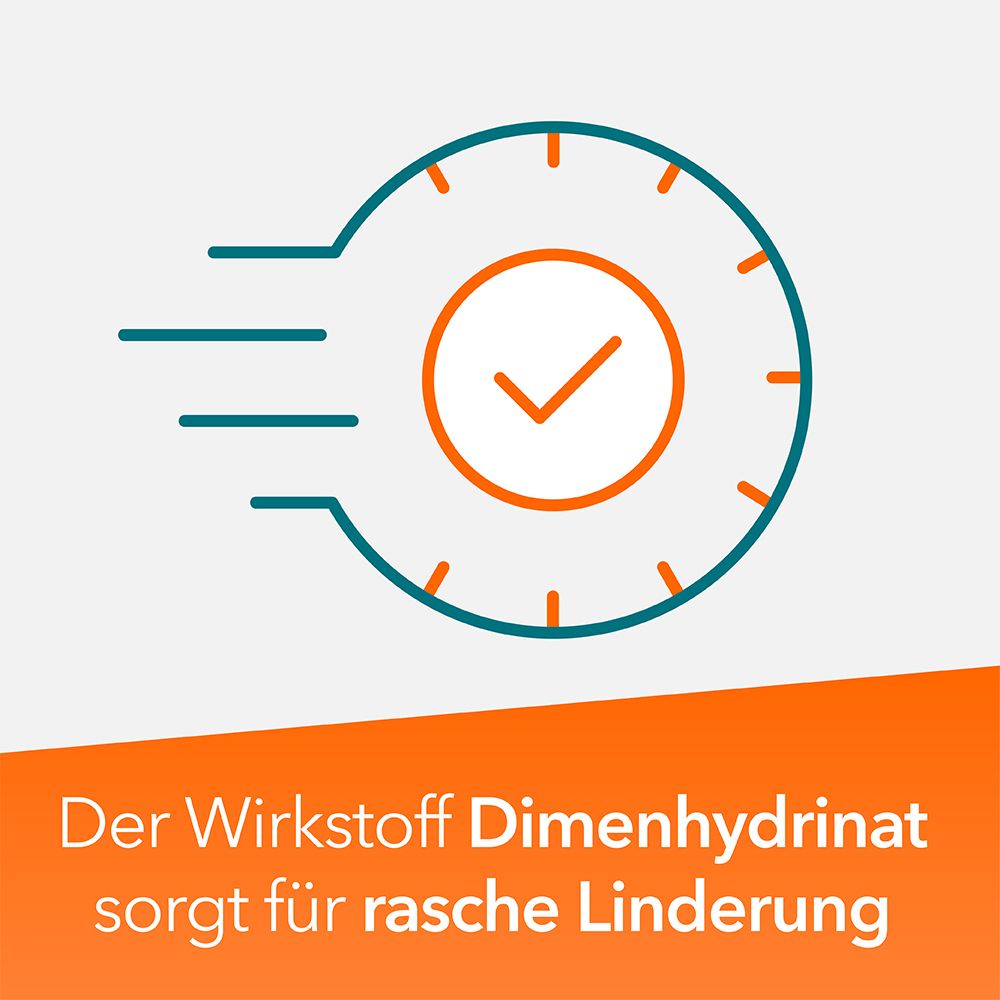 Grafik: Uhr mit Häkchen. Text: Der Wirkstoff Dimenhydrinat sorgt für rasche Linderung.