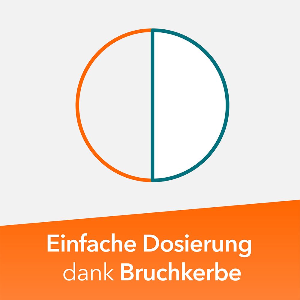 Grafik: Tablette geteilt. Text: Einfache Dosierung dank Bruchkerbe.