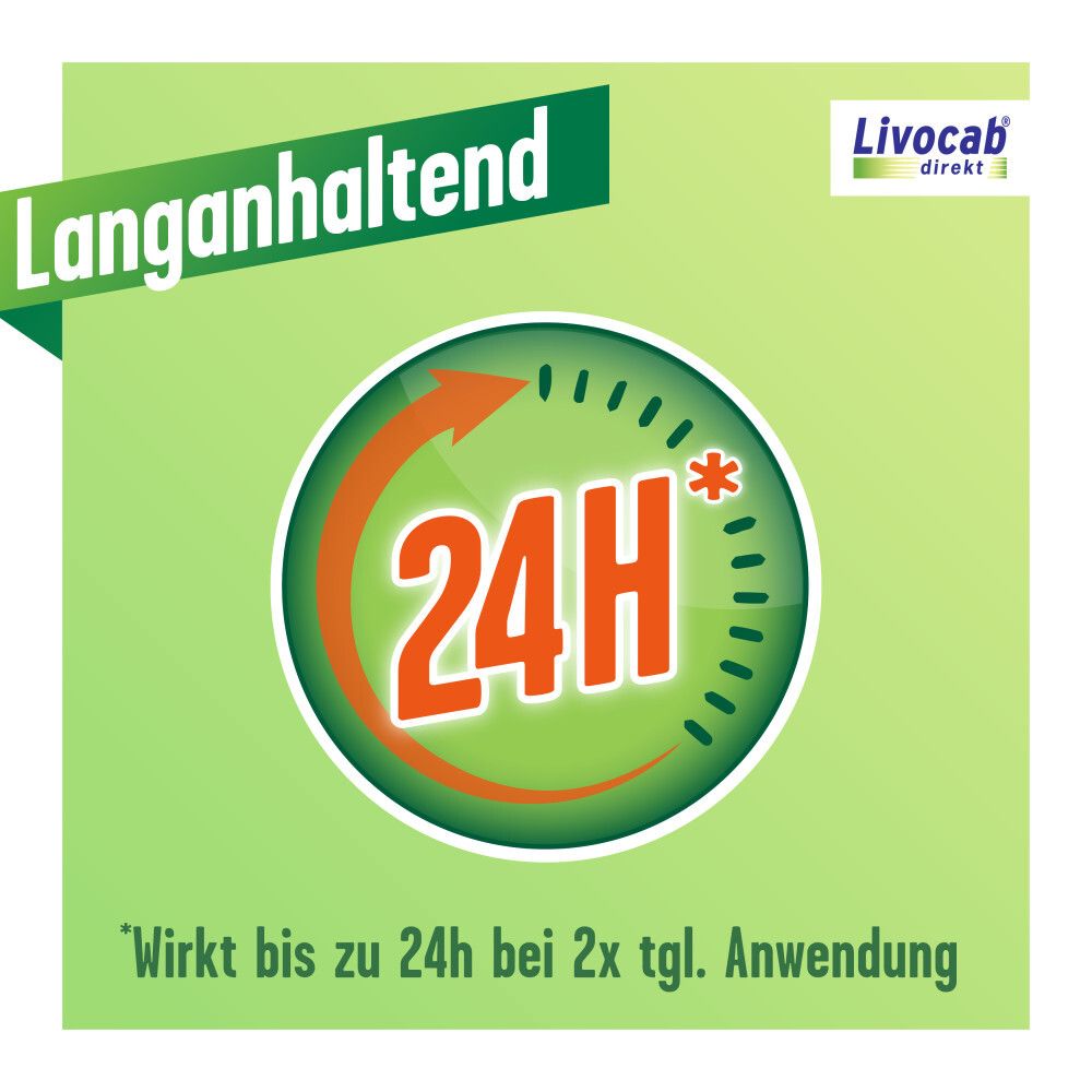 Grüner Hintergrund mit Text: Langanhaltend. 24H Symbol. Text: Wirkt bis zu 24h bei 2x tgl. Anwendung.