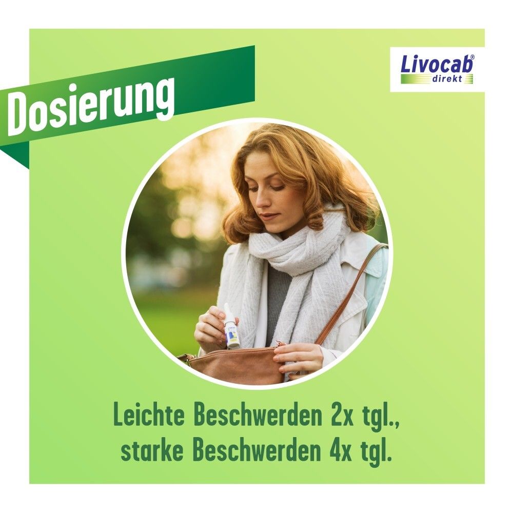 Grüner Hintergrund mit Text: Dosierung. Frau öffnet Handtasche. Text: Leichte Beschwerden 2x tgl., starke Beschwerden 4x tgl.