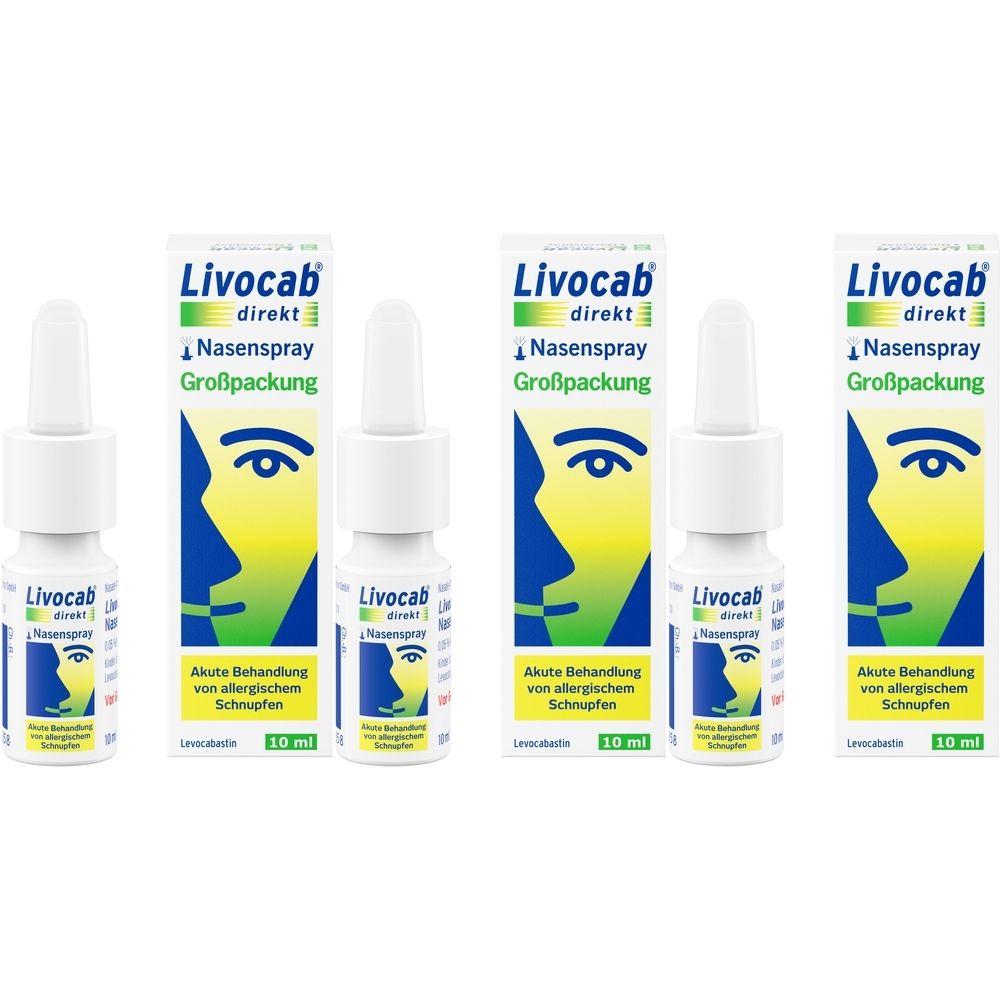 Drei Nasenspray-Fläschchen und Verpackungen. Aufschrift: Livocab direkt Nasenspray Großpackung. Akute Behandlung von allergischem Schnupfen.