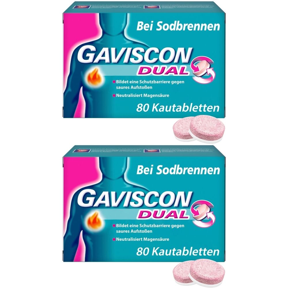 Zwei Schachteln Gaviscon Dual Kautabletten. Aufschrift: Bei Sodbrennen. 80 Kautabletten. Rosa Tabletten liegen daneben.
