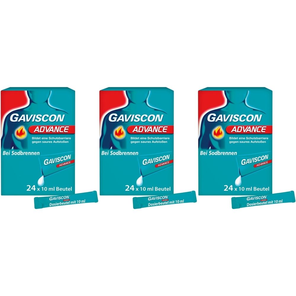 Drei Packungen Gaviscon Advance. Jede Packung zeigt das Produktlogo und die Aufschrift "Bei Sodbrennen". Darunter 24 Beutel.