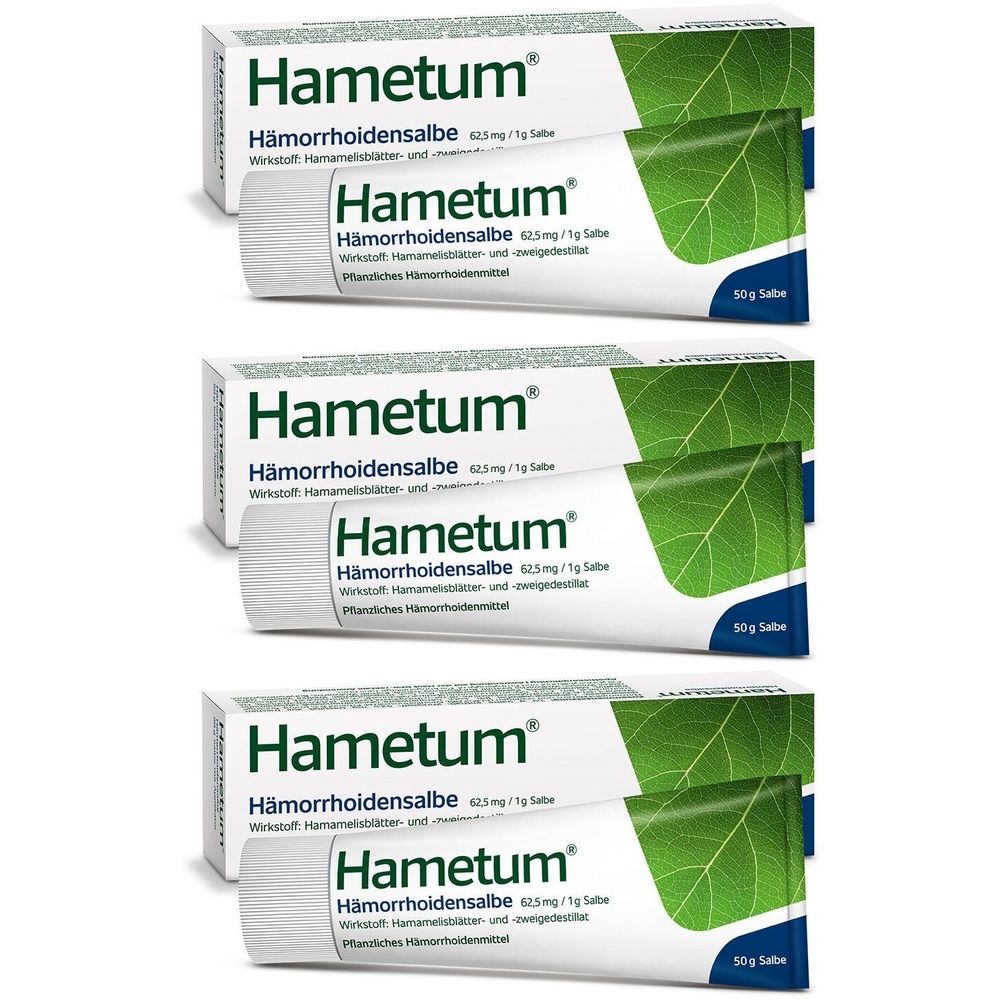 Drei Tuben und Schachteln Hametum Hämorrhoidensalbe. Aufschrift Hametum, Hämorrhoidensalbe, 50g Salbe. Grün-weiße Verpackung.
