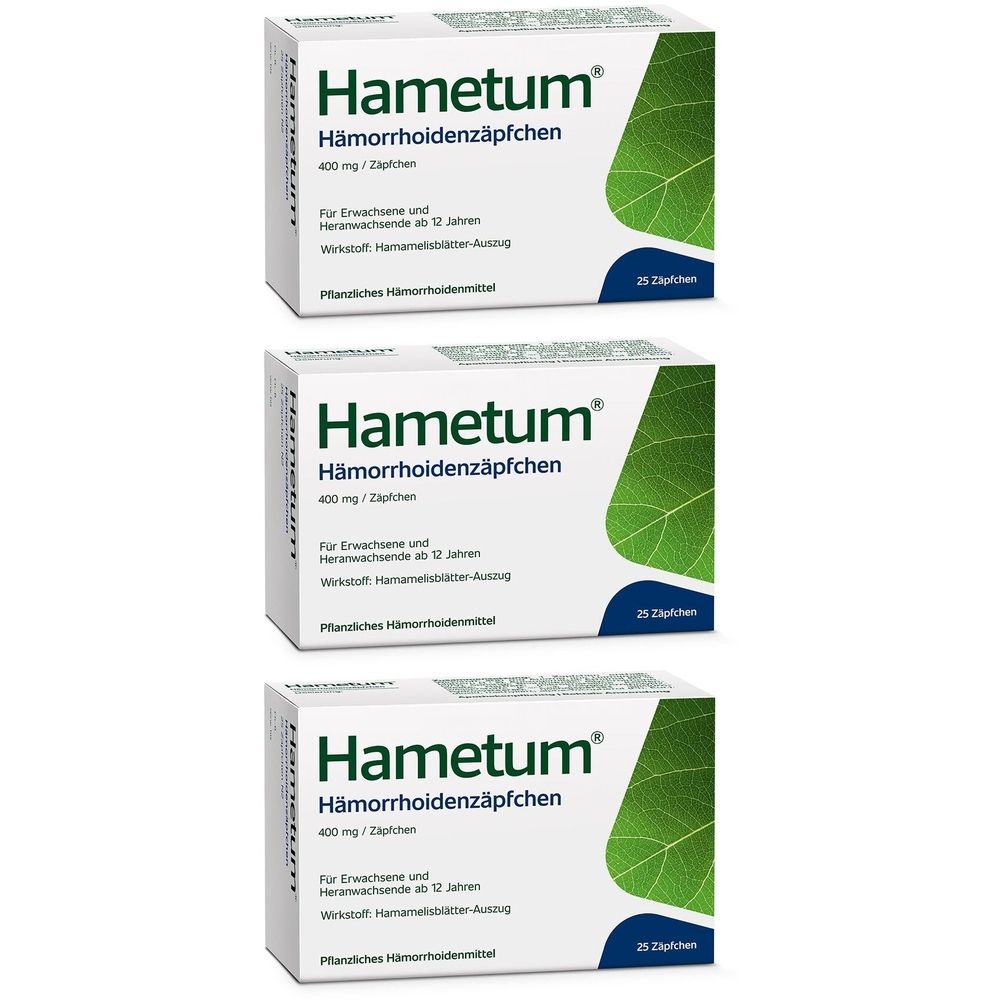 Drei Schachteln Hametum Hämorrhoiden Zäpfchen. Weiße Verpackung mit grünem Blattmotiv und Produktinformationen.