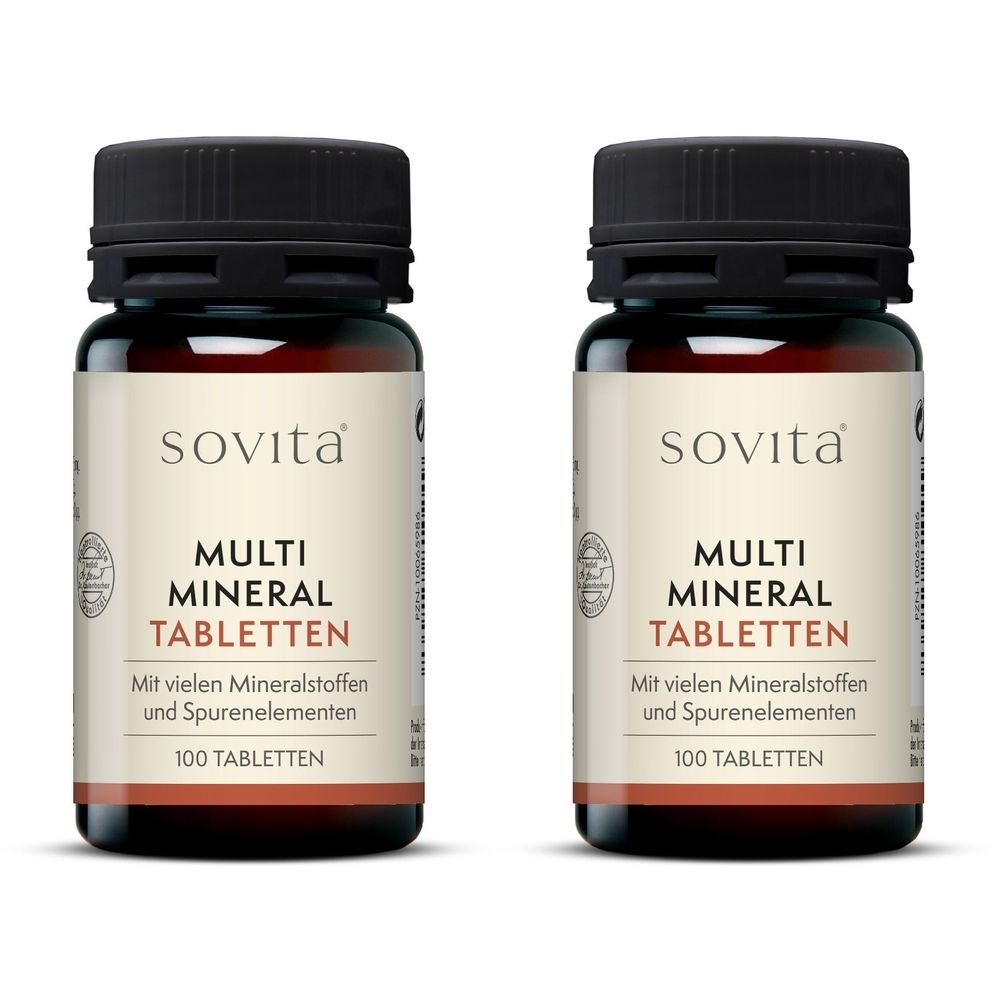 Zwei braune Glasflaschen mit schwarzen Deckeln. Auf den Etiketten steht "sovita MULTI MINERAL TABLETTEN".
