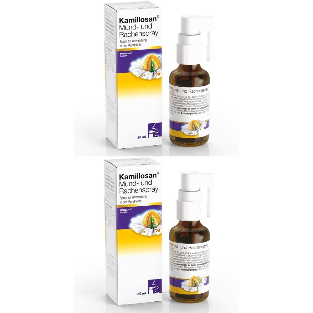 Kamillosan Mund- und Rachenspray. Braune Glasflasche mit weißem Sprühkopf und Karton. Aufdrucke: Kamillosan, Mund- und Rachenspray, 30 ml.