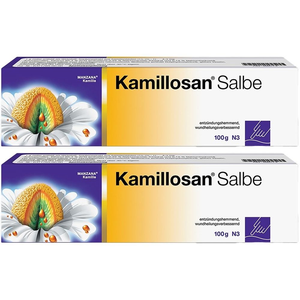 Zwei Schachteln Kamillosan® Salbe. Aufschrift: Kamillosan® Salbe, entzündungshemmend, wundheilungsverbessernd, 100g N3. Abbildung einer Kamillenblüte.
