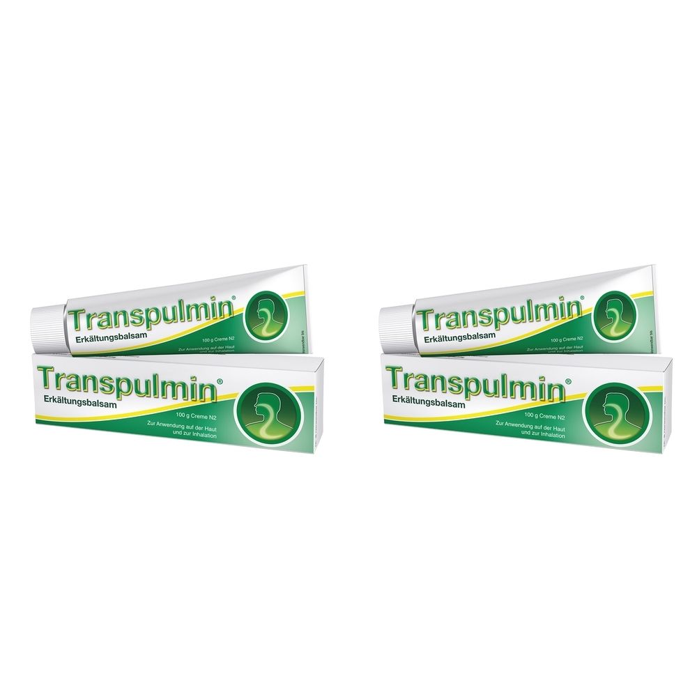 Zwei Tuben und zwei Schachteln. Aufschrift: Transpulmin Erkältungsbalsam. Grün-weiße Verpackung.