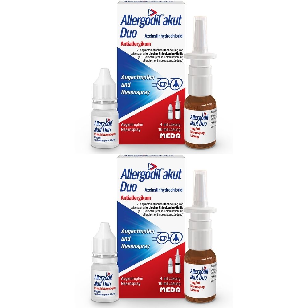 Kombipackung mit Augentropfen und Nasenspray. Enthält zwei Flaschen und eine Schachtel mit Produktinformationen.