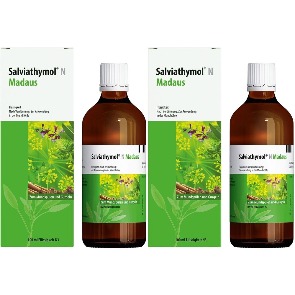 Drei Flaschen und Verpackungen. Aufschrift: Salviathymol N Madaus. Braune Flaschen, weiße Deckel, grüne und weiße Verpackung.