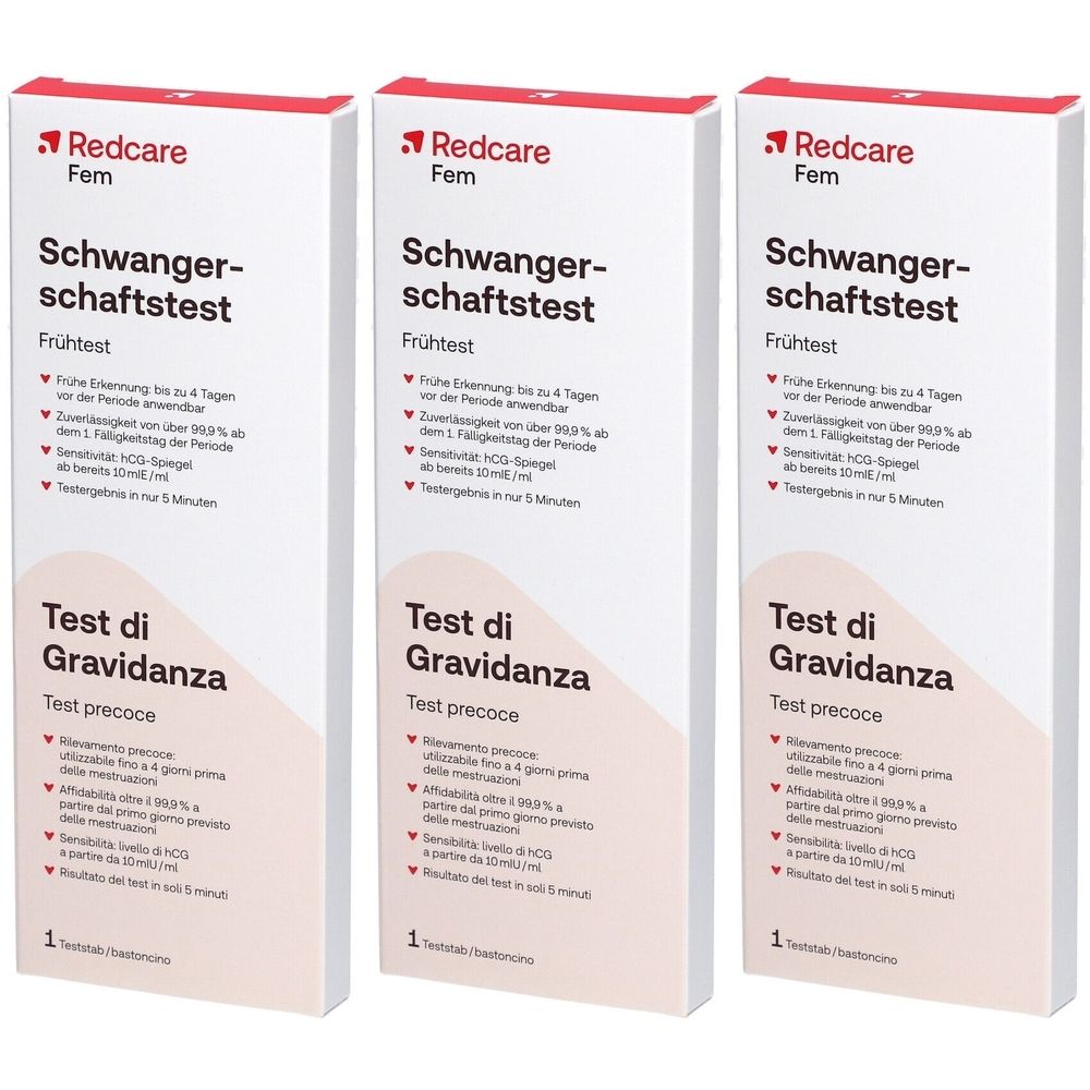 Drei Packungen Schwangerschaftstest. Aufschrift: Redcare Fem, Schwangerschaftstest, Frühtest, Test di Gravidanza. 1 Test/Test.