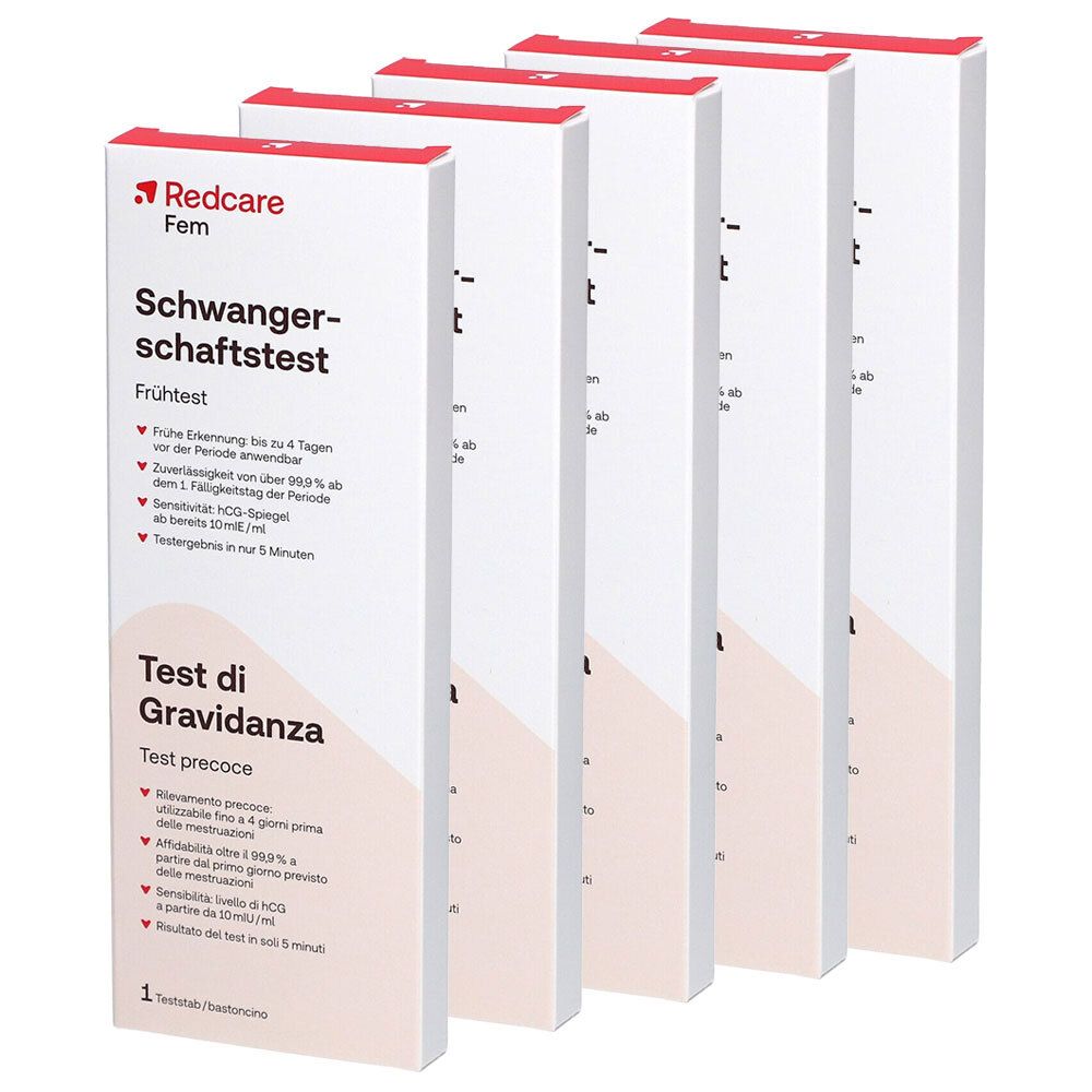 Mehrere Packungen Schwangerschaftstest. Weiße Schachteln mit roter Oberseite und Produktinformationen in Deutsch und Italienisch.