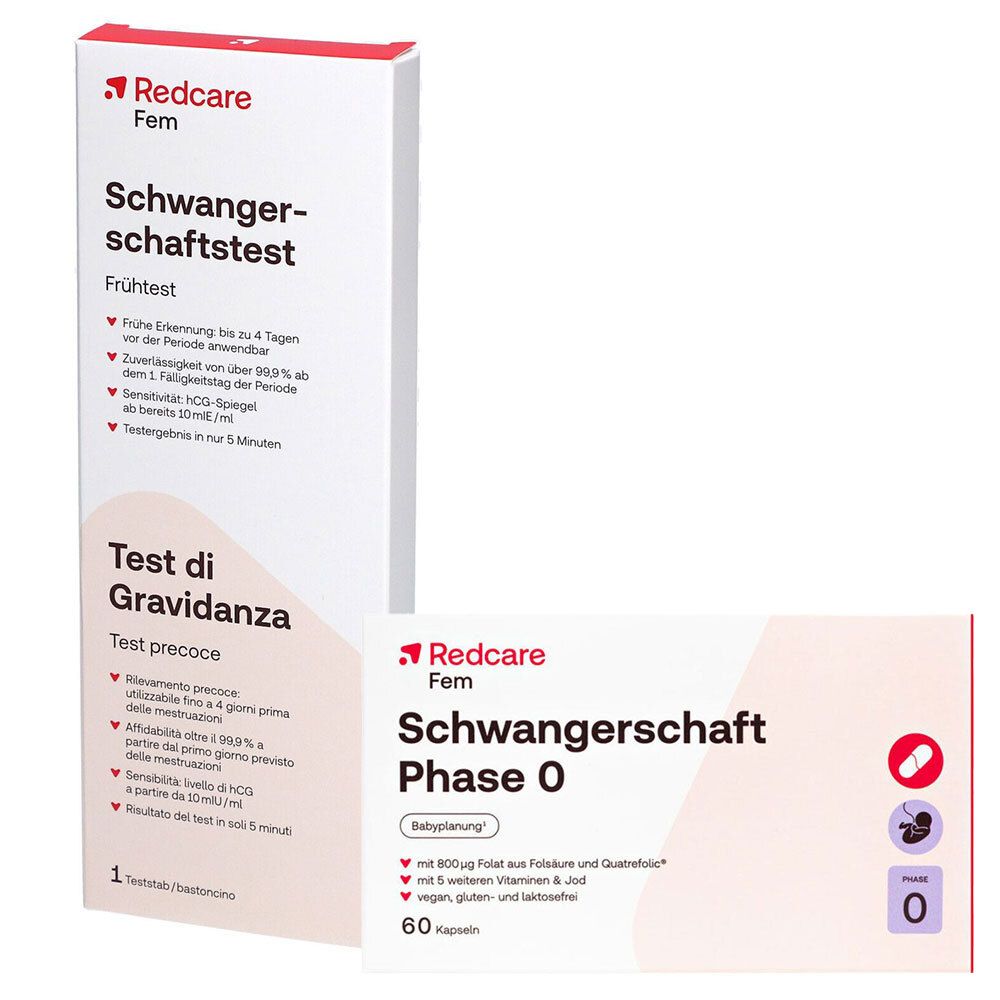 Verpackung mit Schwangerschaftstest und Kapseln. Aufschrift: Redcare Fem, Schwangerschaftstest, Phase 0. Enthält 60 Kapseln.