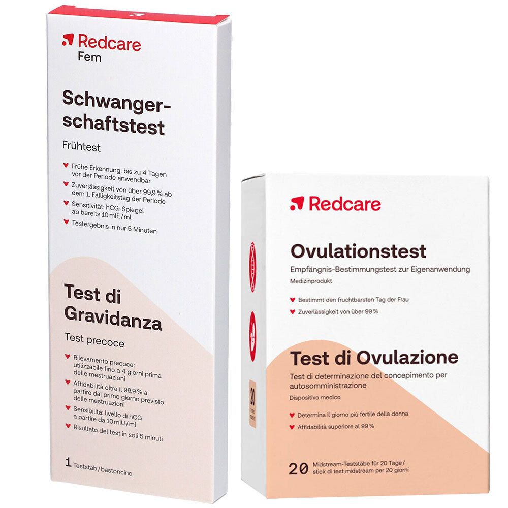 Zwei Packungen von Redcare-Tests. Eine Schwangerschaftstest-Packung und eine Ovulationstest-Packung.