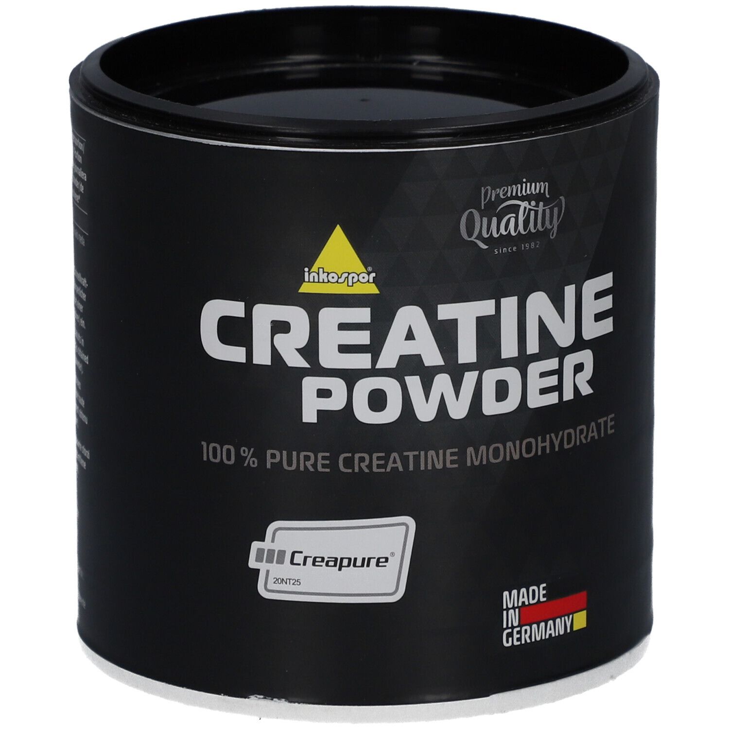 Schwarze Dose mit "Creatine Powder"-Aufdruck. Enthält 100% reines Creatin Monohydrat. "Creapure"-Logo und "Made in Germany".