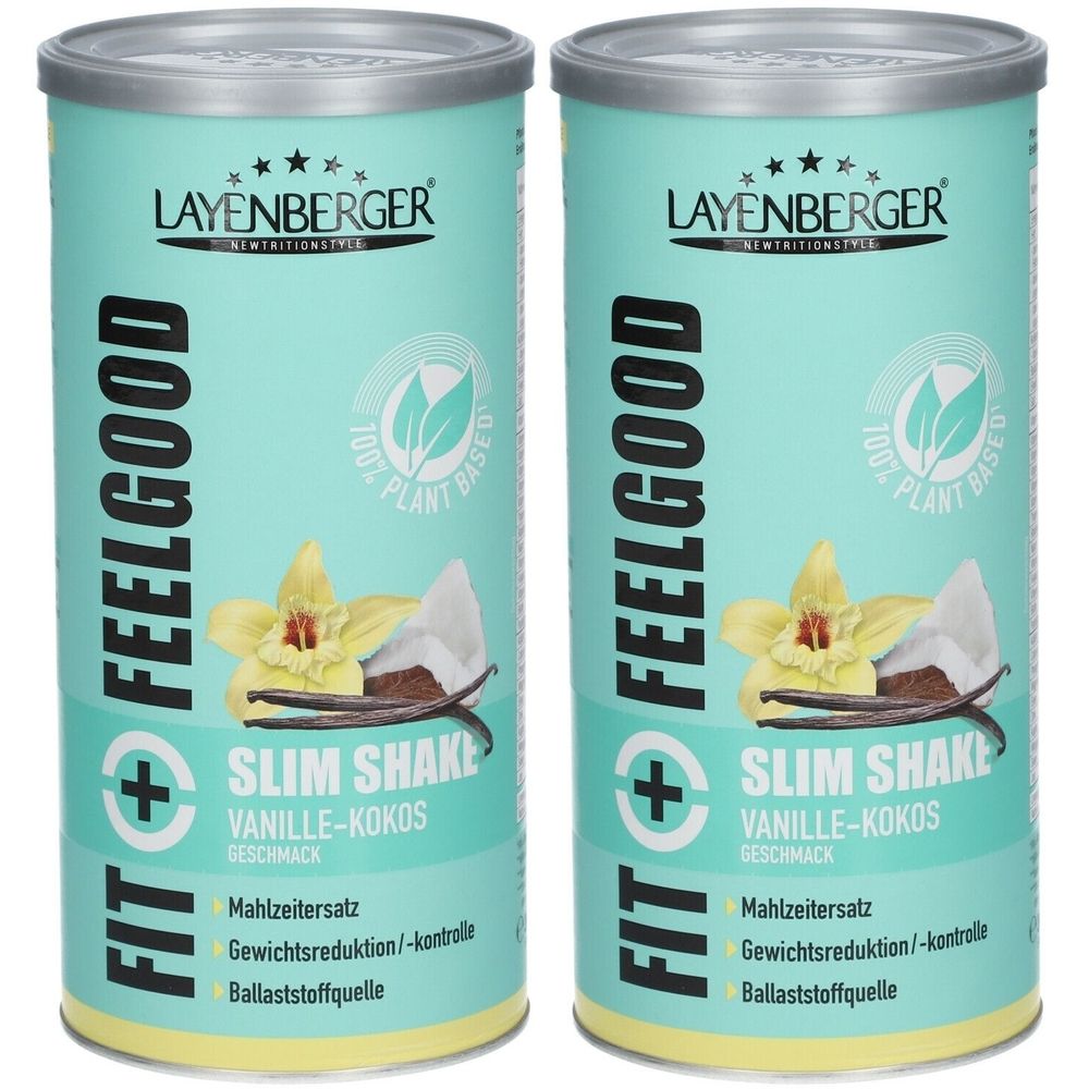 Zwei Dosen LAYENBERGER FIT+FEELGOOD SLIM SHAKE. Türkis-farbene Dosen mit silbernen Deckeln. Aufschrift: Vanille-Kokos.