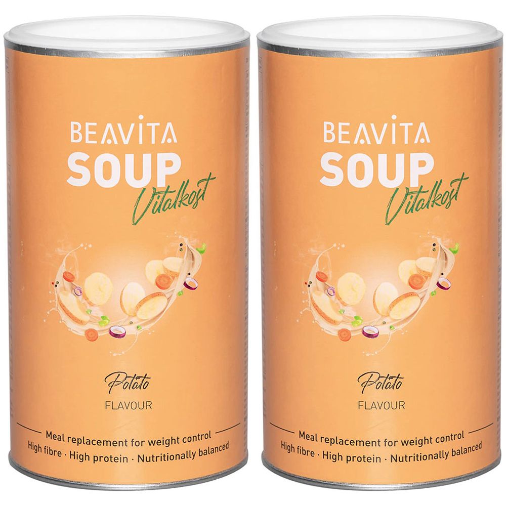 Due lattine di BEAVITA Soup Vitalikost. Scritta: Potato Flavour. Illustrazione di patate e verdure. Testo: Meal replacement for weight control.