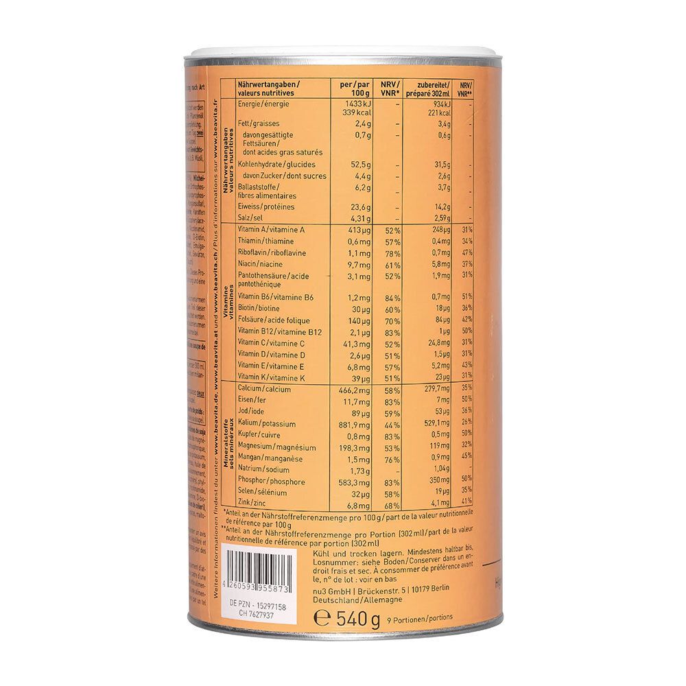 Lattina con informazioni nutrizionali. Scritta: BEAVITA. Elenco tabellare dei valori nutrizionali per 100g e per porzione. Testo in tedesco.