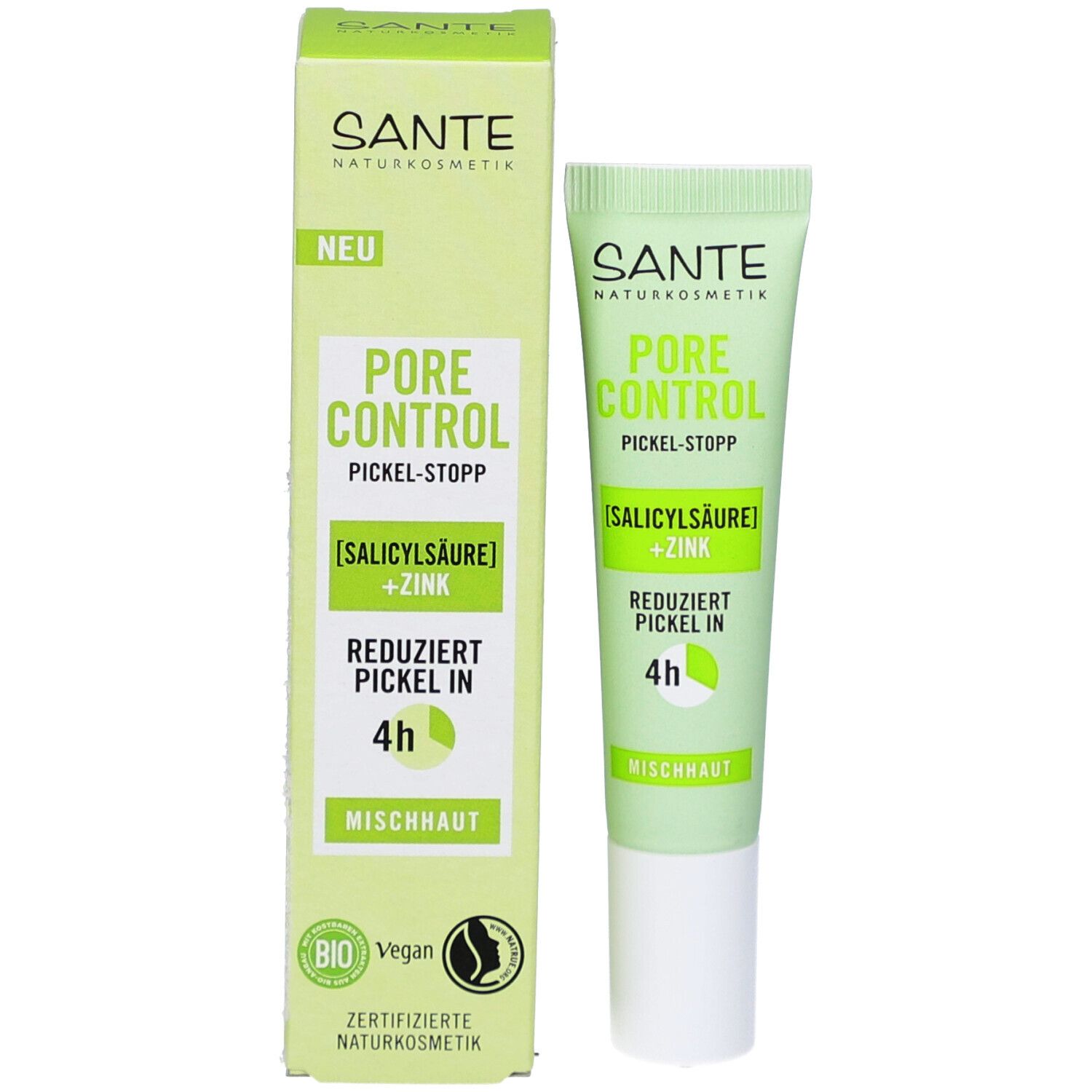 Produkt und Verpackung. Grüne Schachtel und Tube. Text: SANTE, PORE CONTROL, PICKEL-STOPP, [SALICYLSÄURE] + ZINK, reduziert Pickel in 4h, Mischhaut. Bio-Siegel.