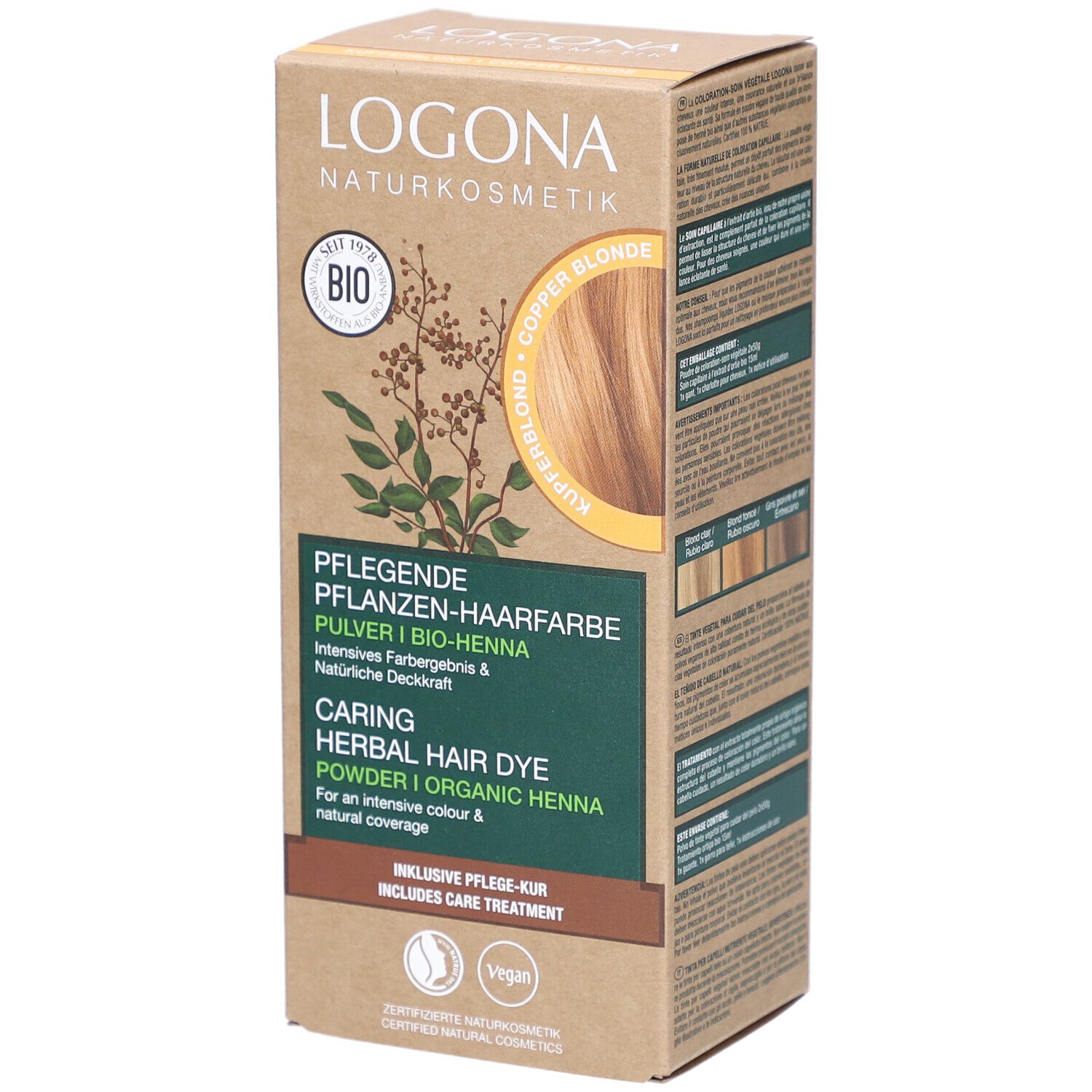 Karton mit Pflanzenhaarfarbe. Aufschrift: LOGONA Naturkosmetik, Kupferblond Bio. Enthält Pflege-Kur. Vegan.