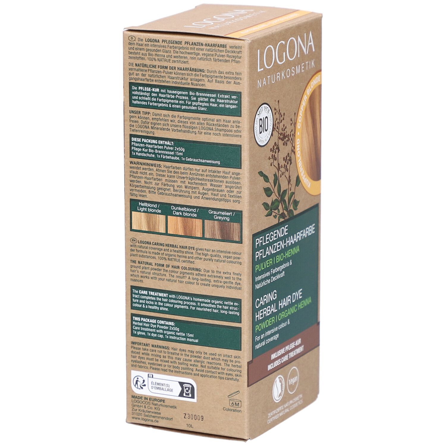 Karton mit Pflanzenhaarfarbe. Rückseite mit Produktinformationen. LOGONA Naturkosmetik, Kupferblond Bio. Vegan.