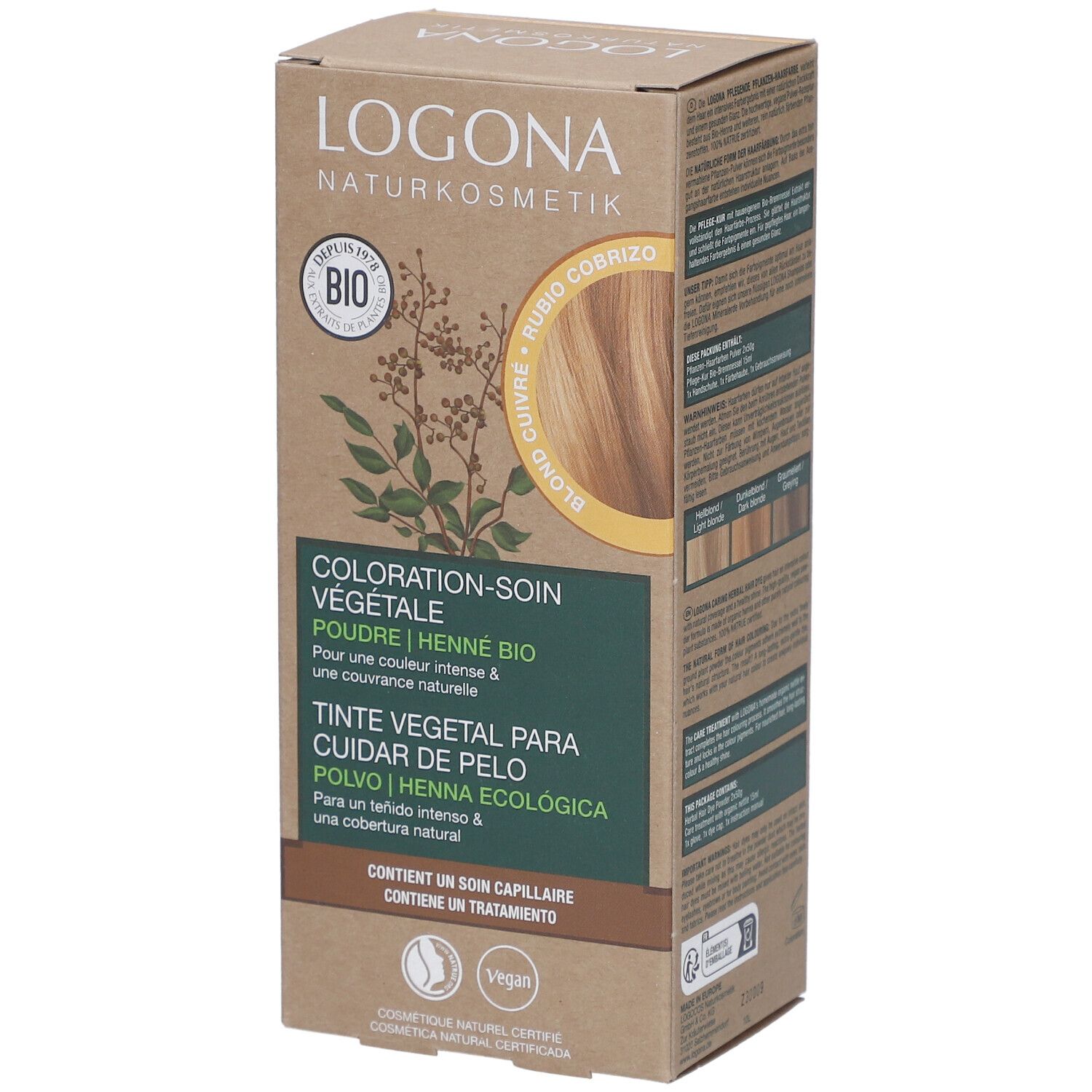 Karton mit Pflanzenhaarfarbe. Aufschrift: LOGONA Naturkosmetik, Kupferblond Bio. Enthält Pflege-Kur. Vegan.